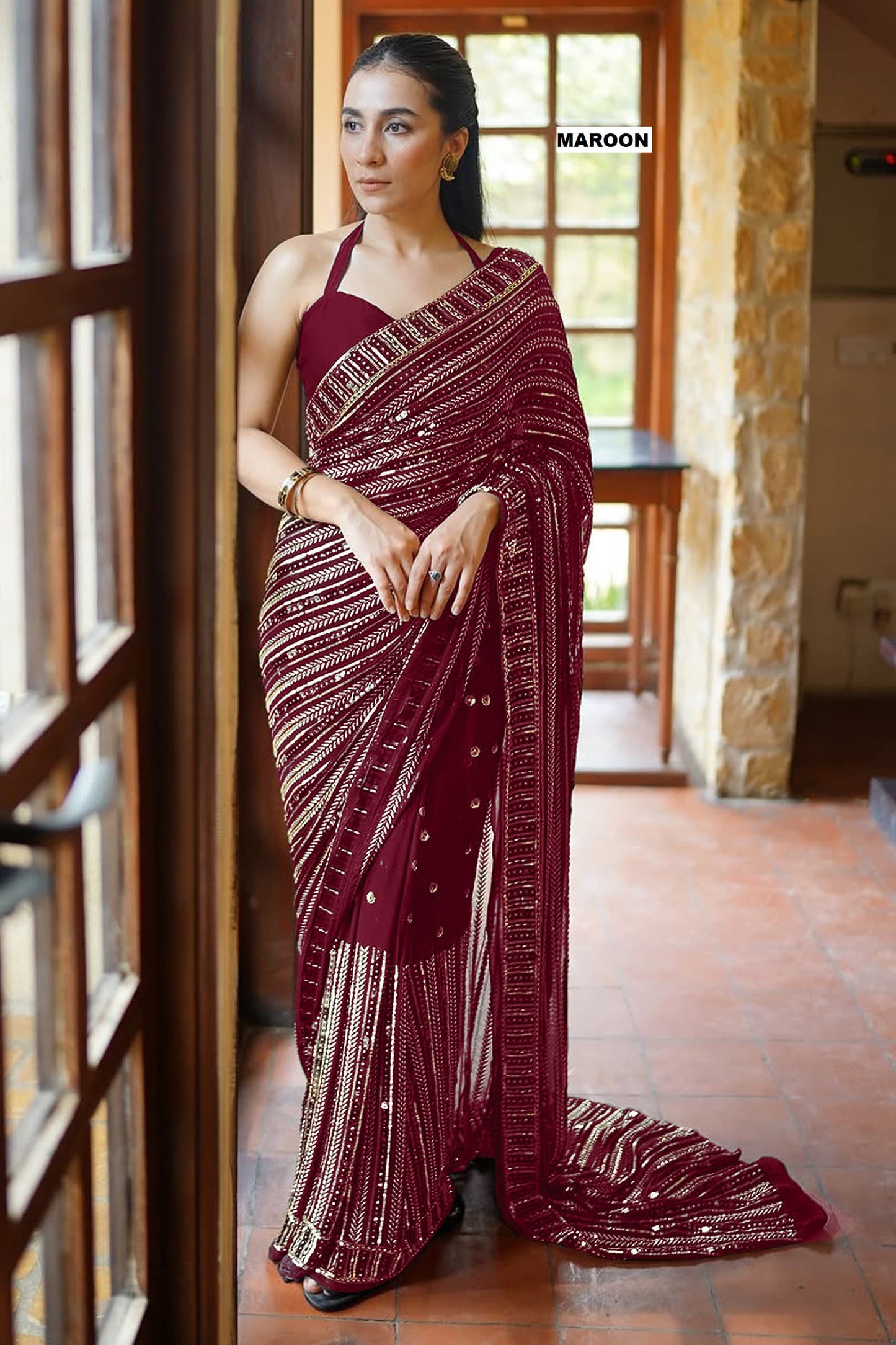 Party & Wedding Wear Maroon Bollywood Designer Saree with 5MM Sequins & Embroidery