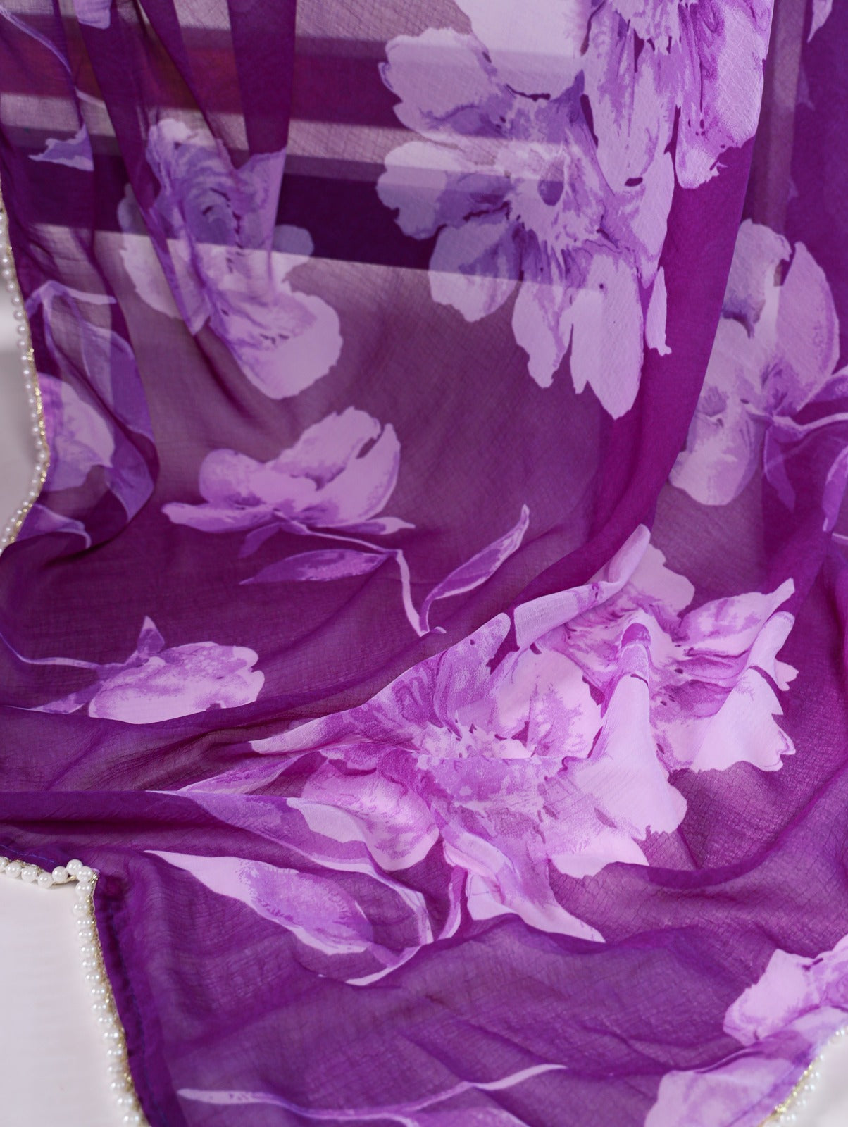 Festive & Everyday Ready Graceful Purple Floral Chiffon Saree with Pearl Lace
