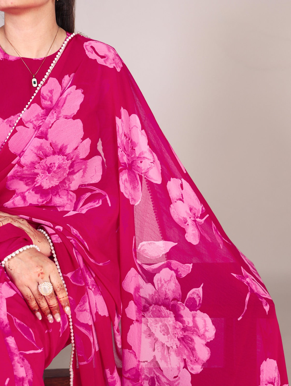 Lightweight & Elegant Pink Chiffon Floral Print Saree with Pearl Lace Border