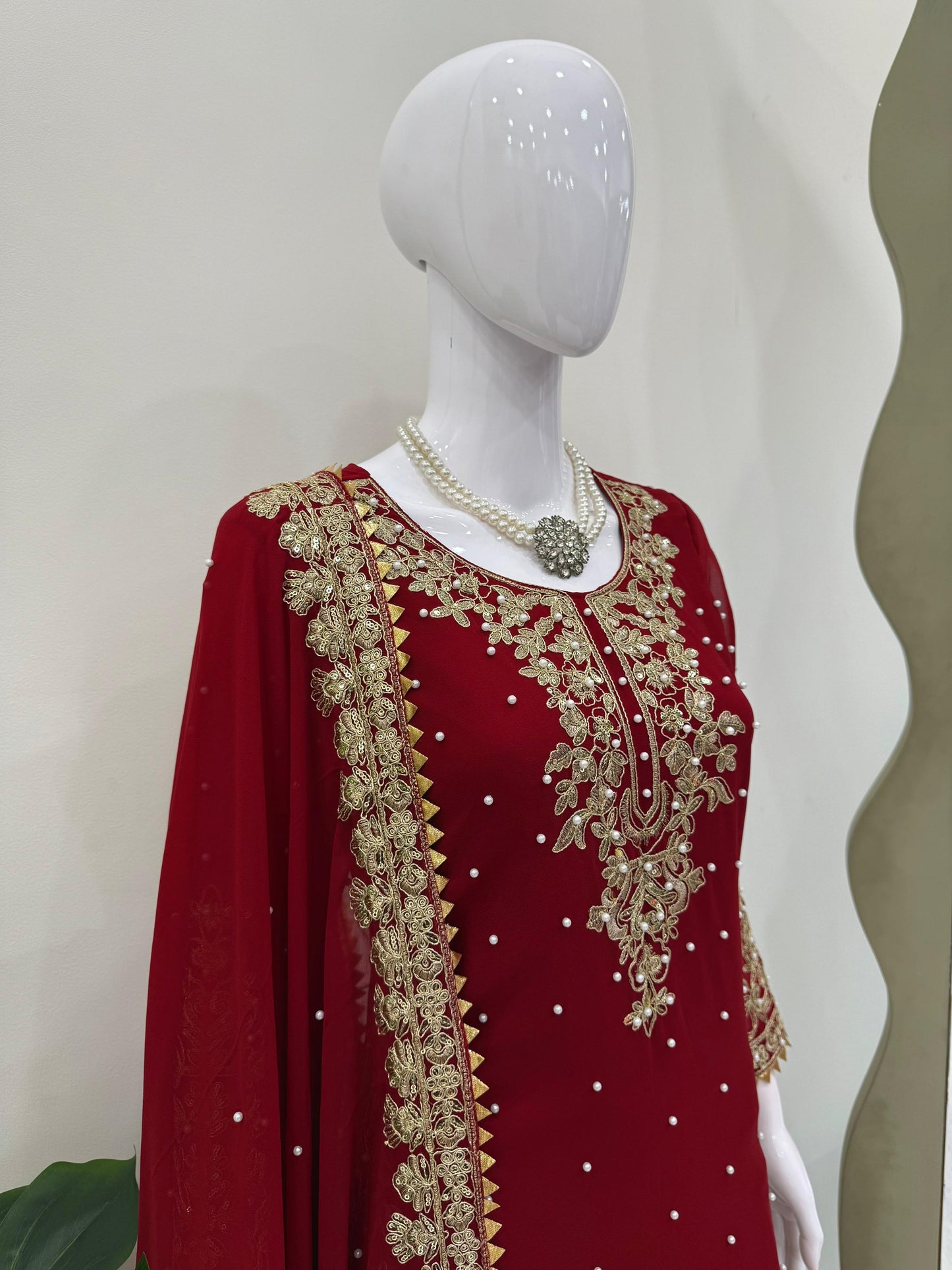 Three-Piece Faux Georgette Kurta Set – Coding Work with Rivet Moti & Full-Stitch Palazzo