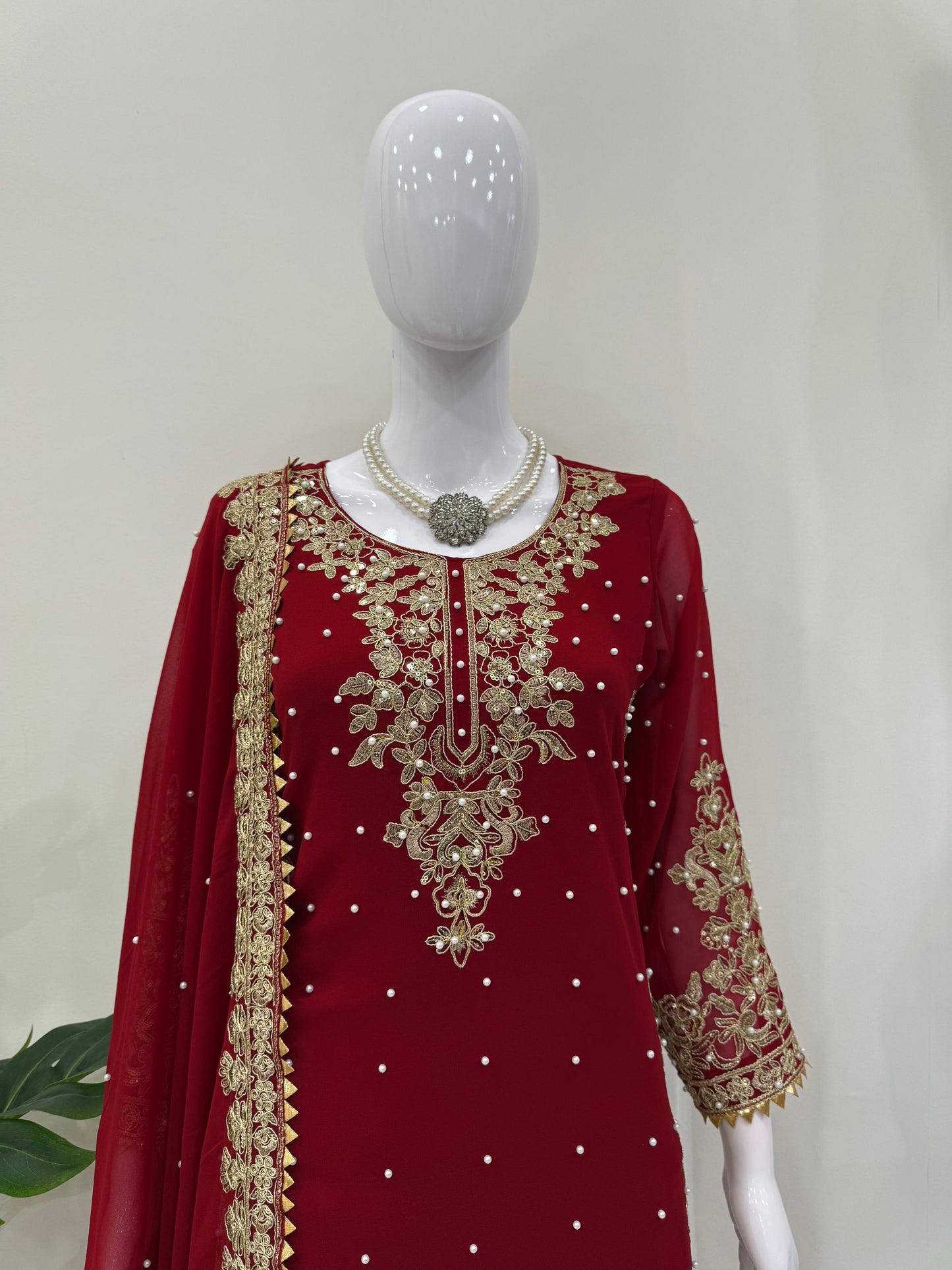 Three-Piece Faux Georgette Kurta Set – Coding Work with Rivet Moti & Full-Stitch Palazzo