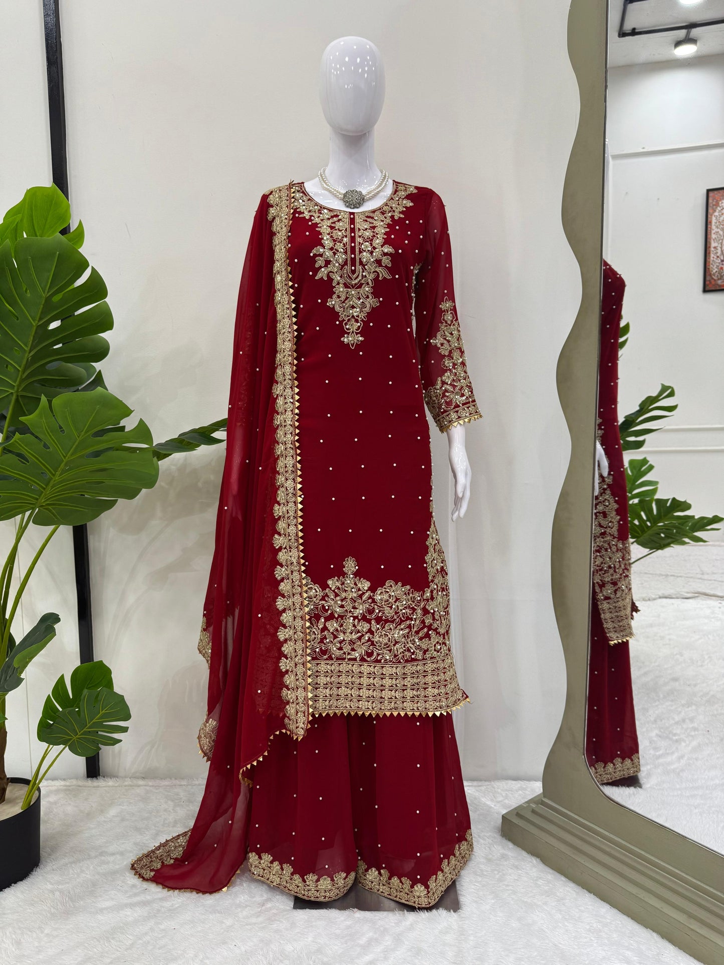 Three-Piece Faux Georgette Kurta Set – Coding Work with Rivet Moti & Full-Stitch Palazzo