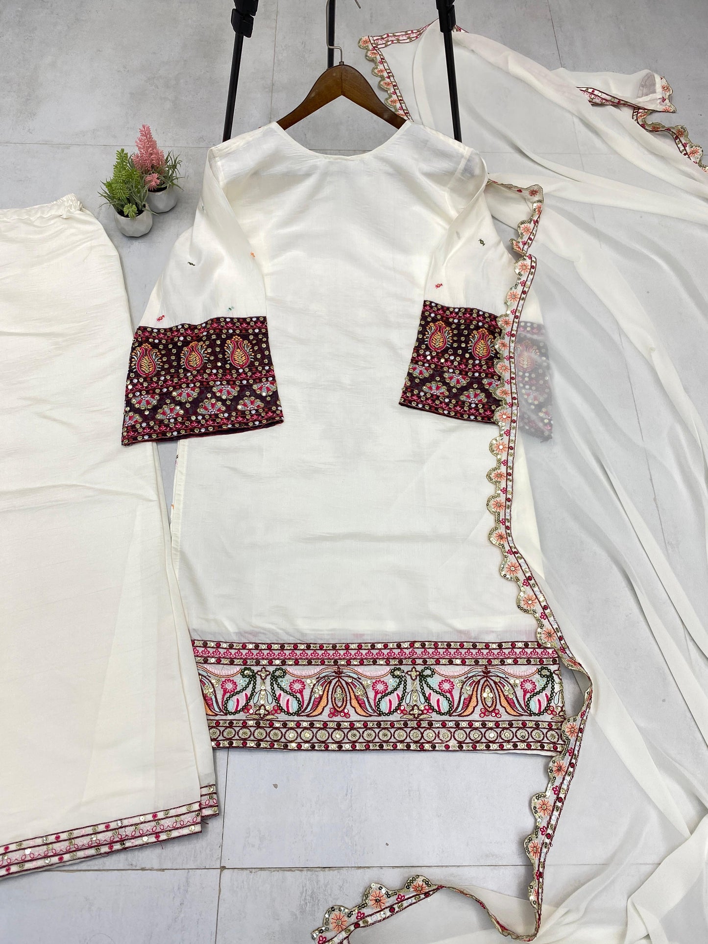 Designer Plazzo Suit in Roman Silk with Sequence Embroidery - White