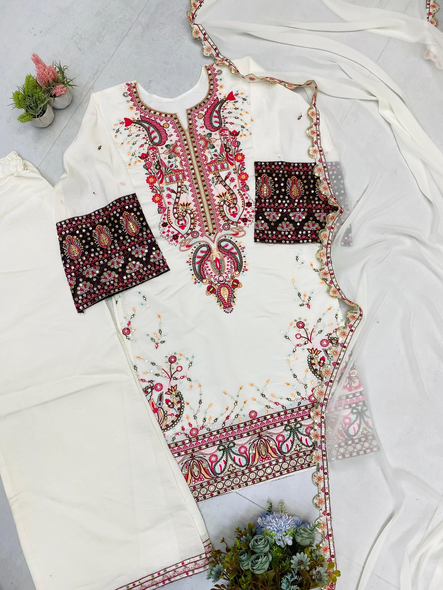 Designer Plazzo Suit in Roman Silk with Sequence Embroidery - White