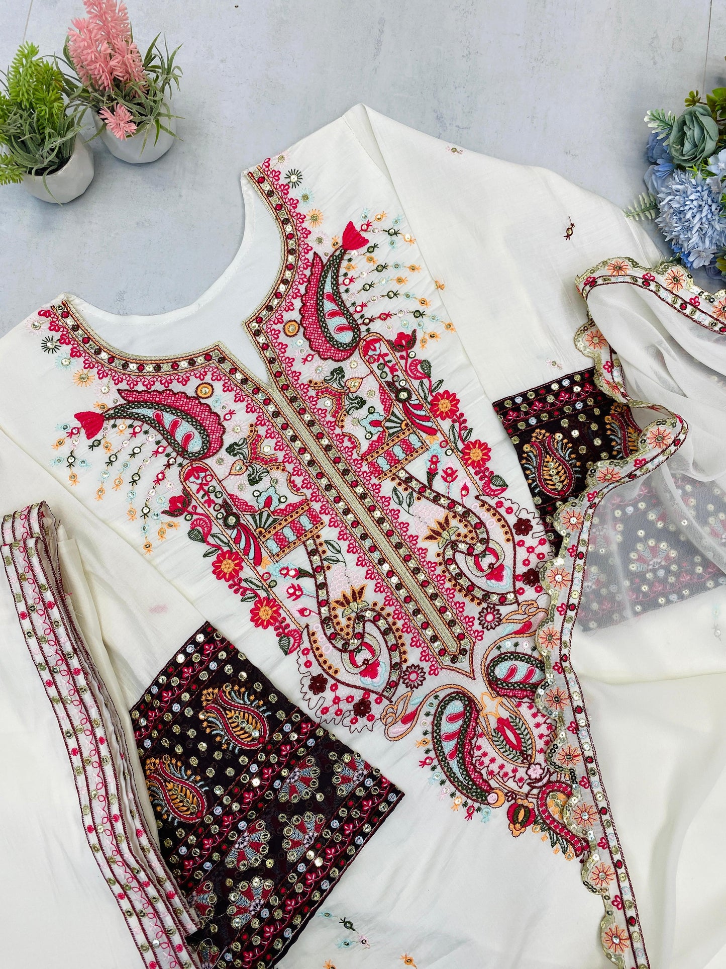 Designer Plazzo Suit in Roman Silk with Sequence Embroidery - White
