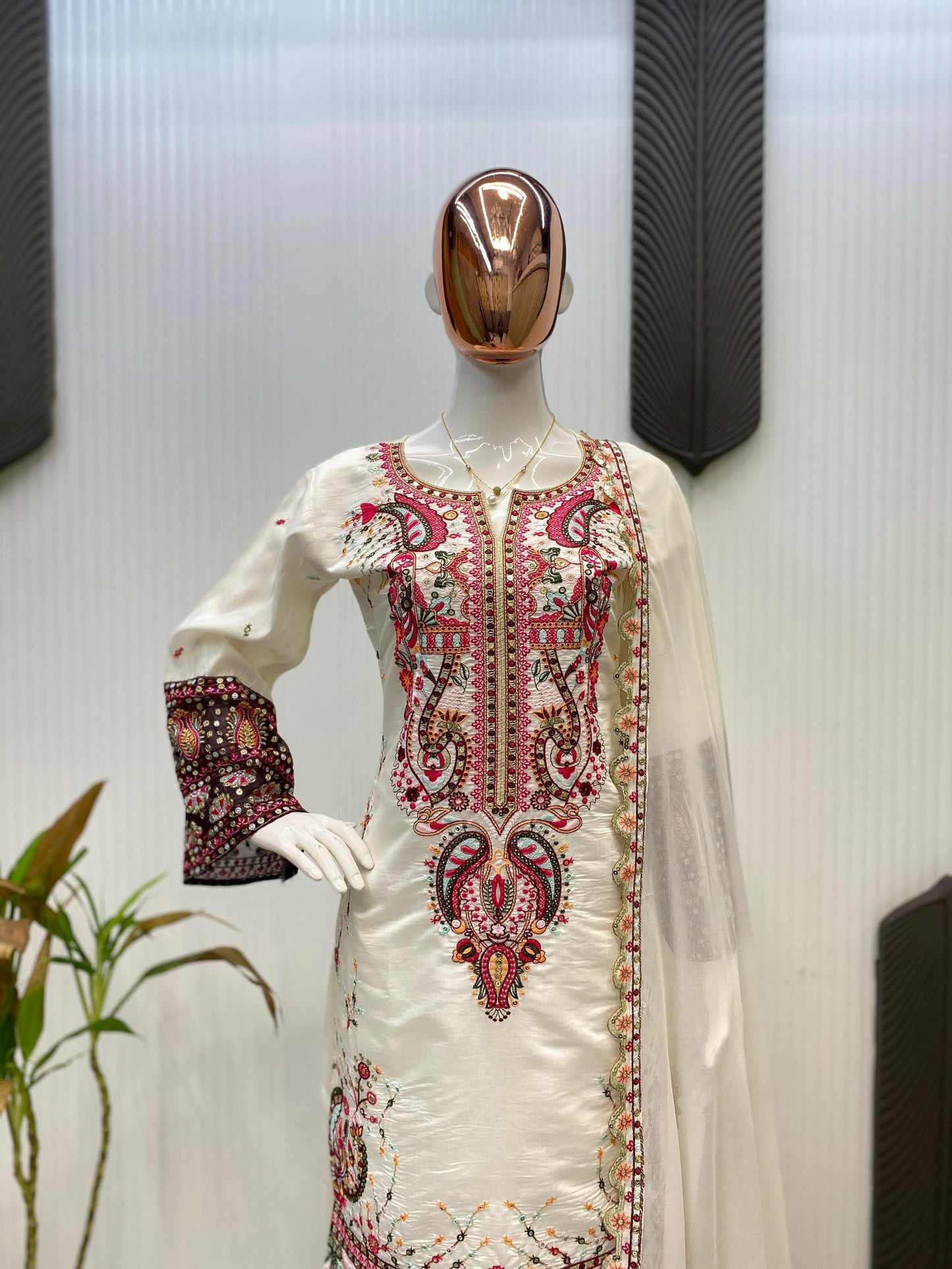 Designer Plazzo Suit in Roman Silk with Sequence Embroidery - White