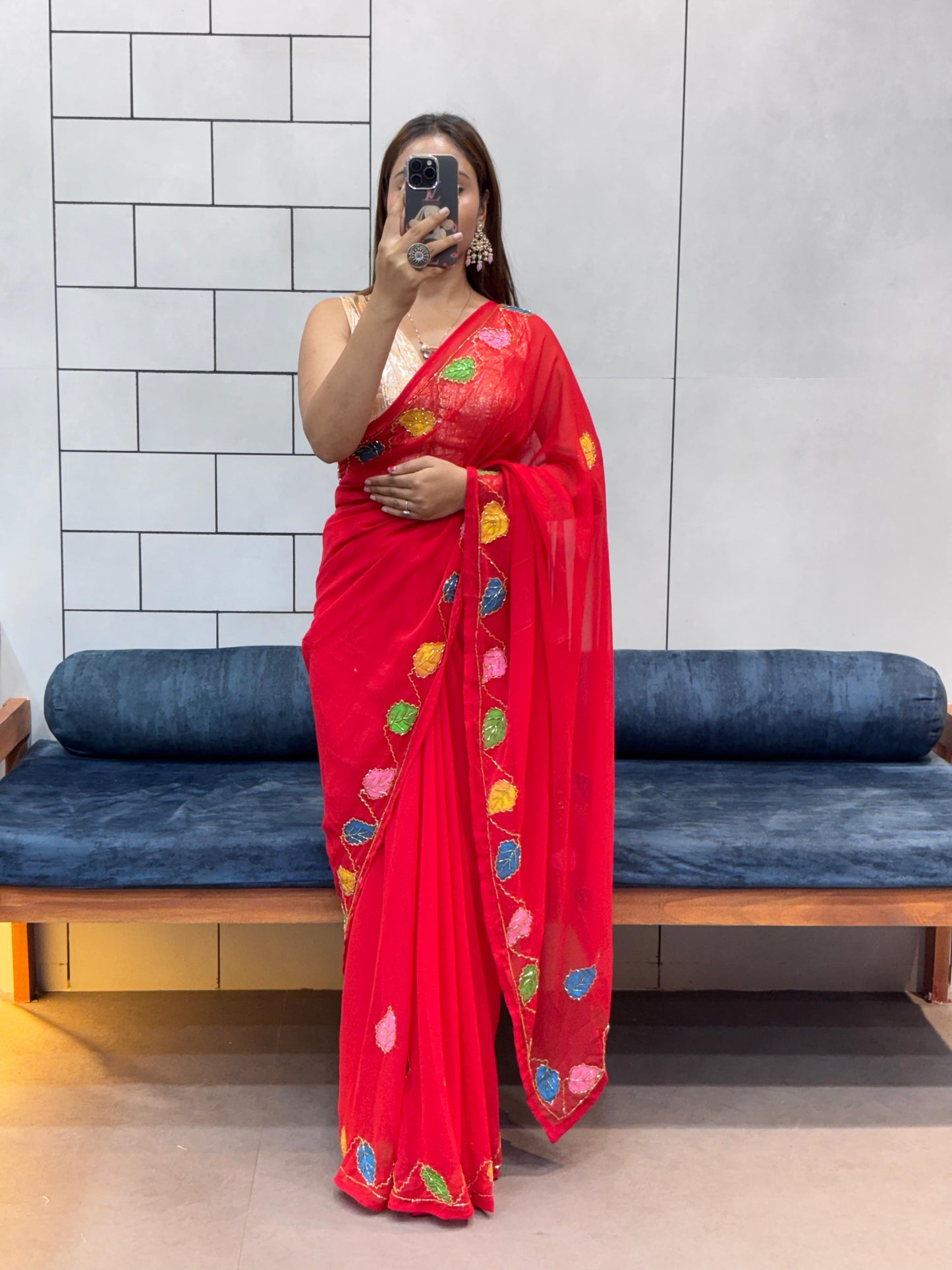 Elegant Red Georgette Saree with Brush Print & Hand-Painted Flower Work