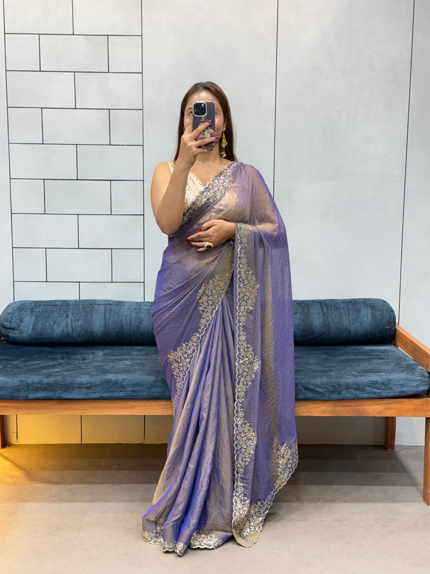Celebrity Style Partywear Saree Navy Blue Golden Moss Silk Saree with Diamond Work