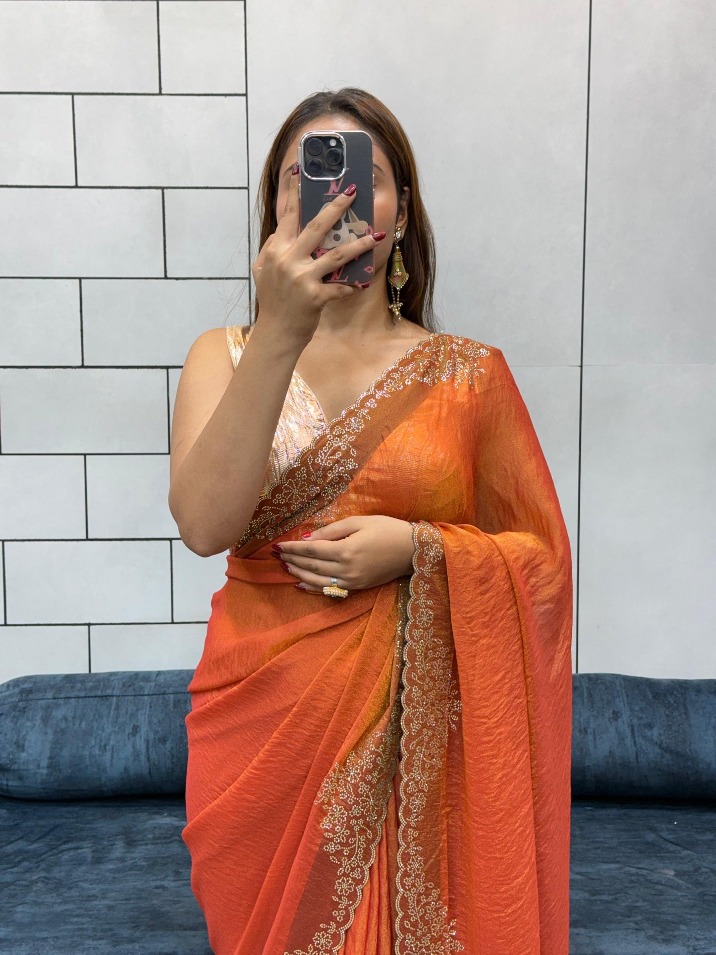 Celebrity Style Designer Orange Space Silk Saree with Diamond Flower Panel