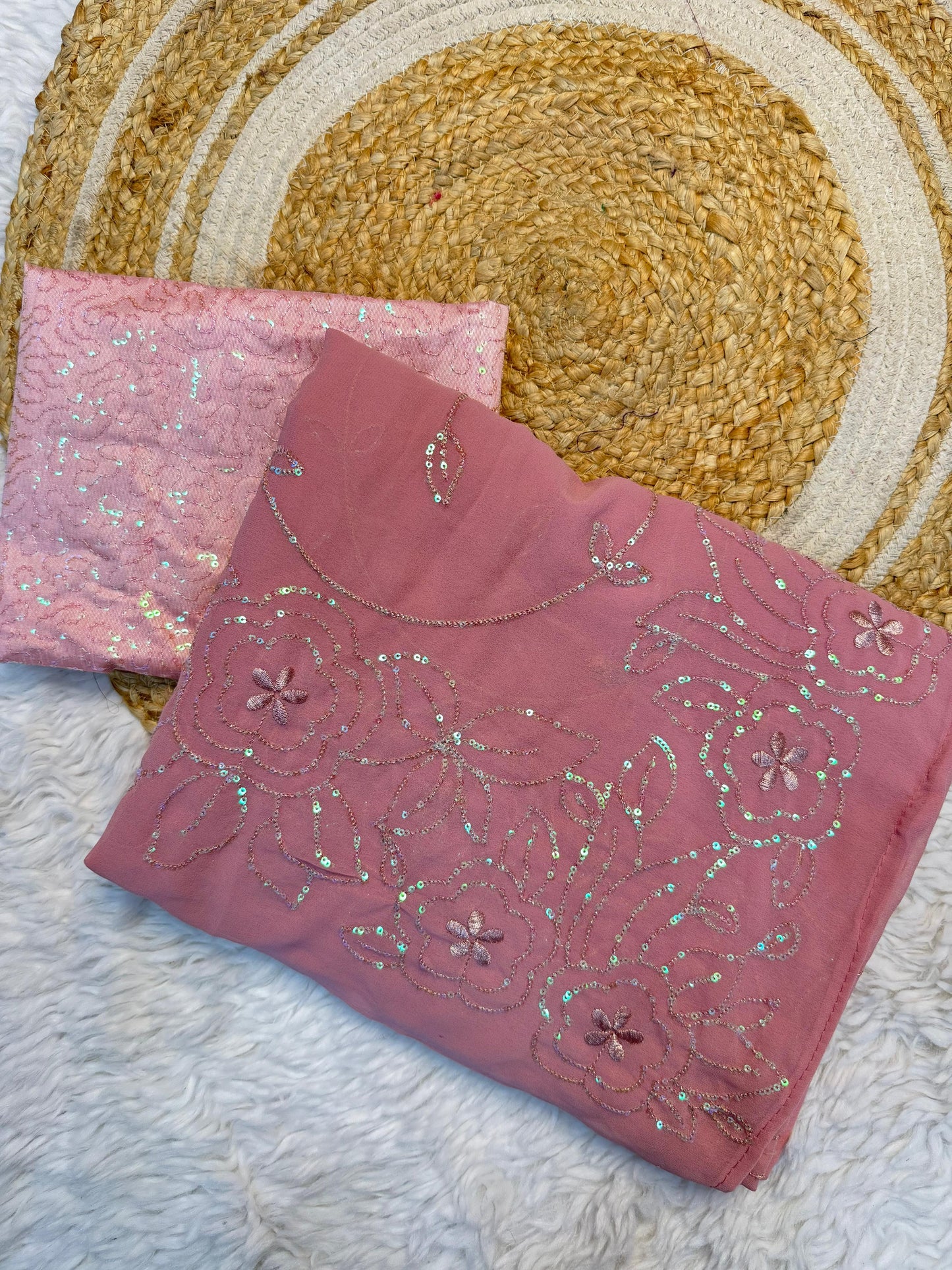 Premium Pure Georgette Sequin Embroidered Designer Saree with Mono Banglory Blouse-Pink