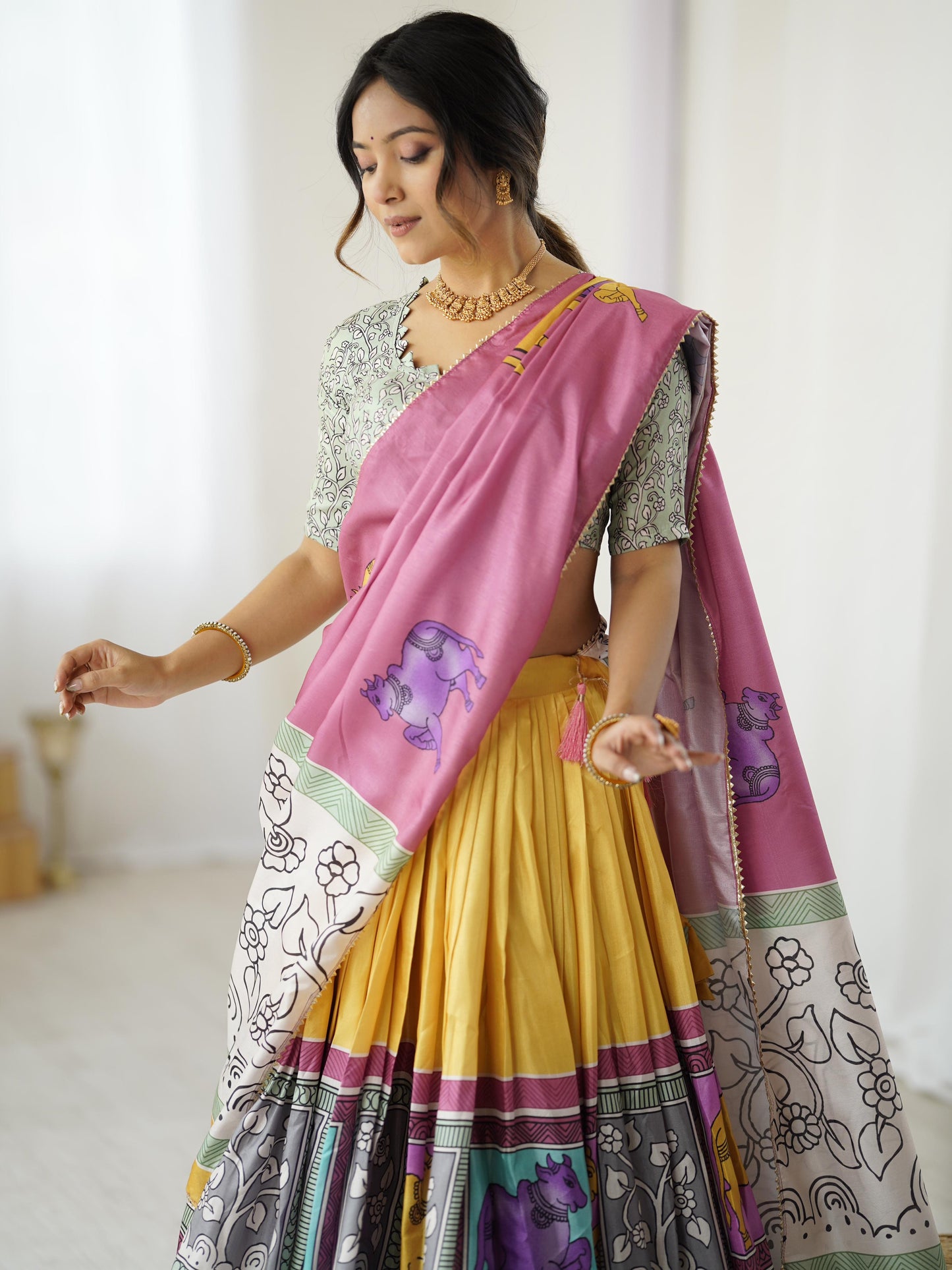 Festive Wear Yellow Kalamkari Lehenga Choli in Tussar Silk with Pink Dupatta