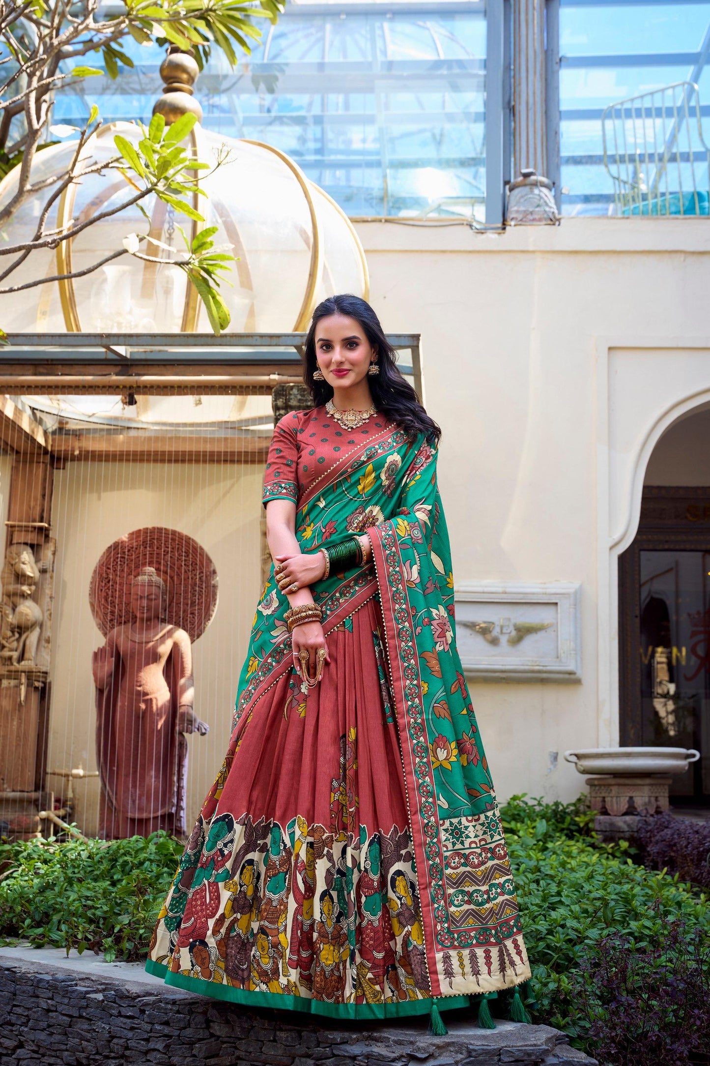 Elegant Tussar Silk Kalamkari Lehenga Choli – Copper Red Lehenga with Green Dupatta