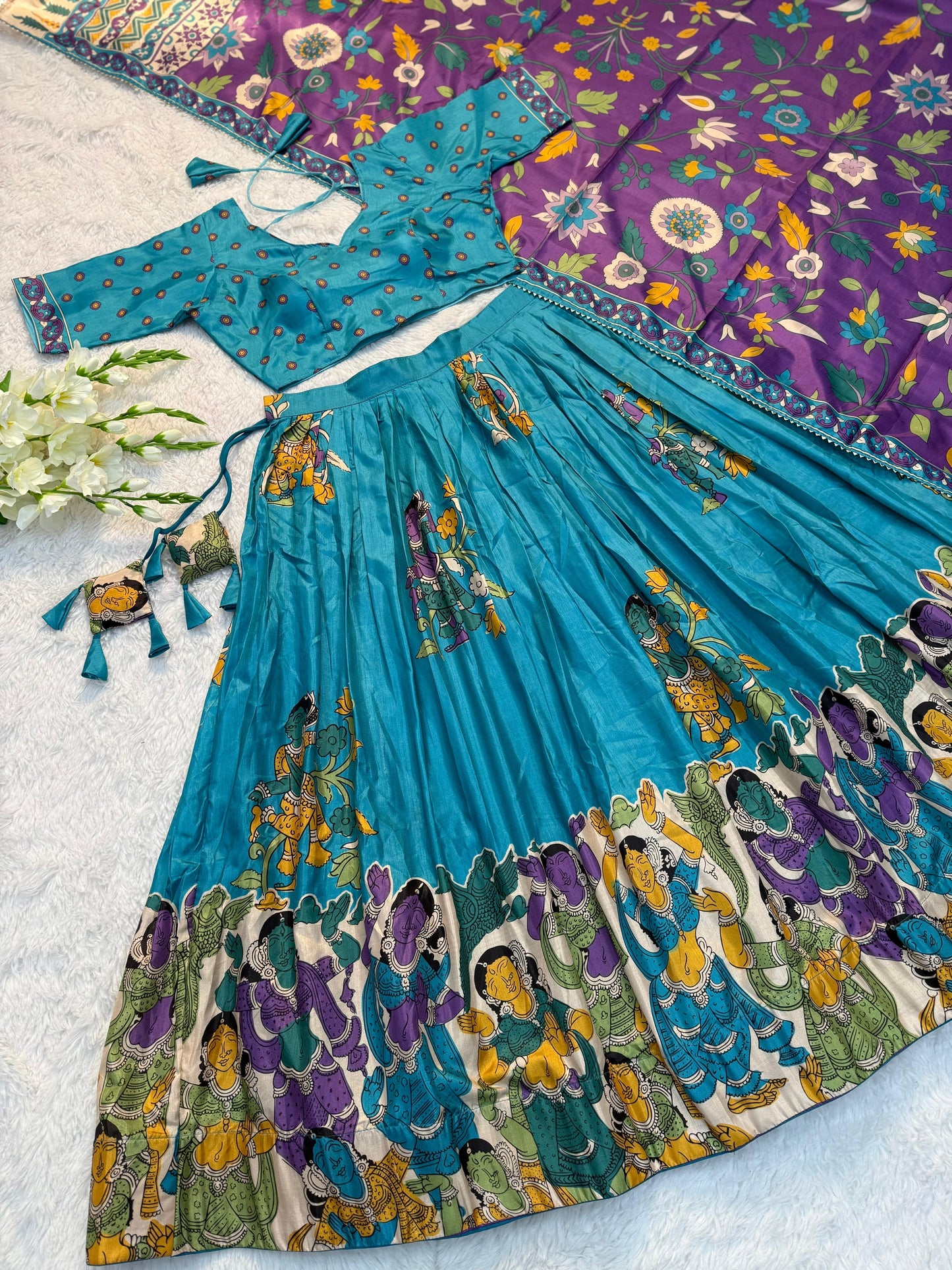 Elegant Sky Blue Kalamkari Lehenga Choli with Embroidered Blouse & Violet Dupatta