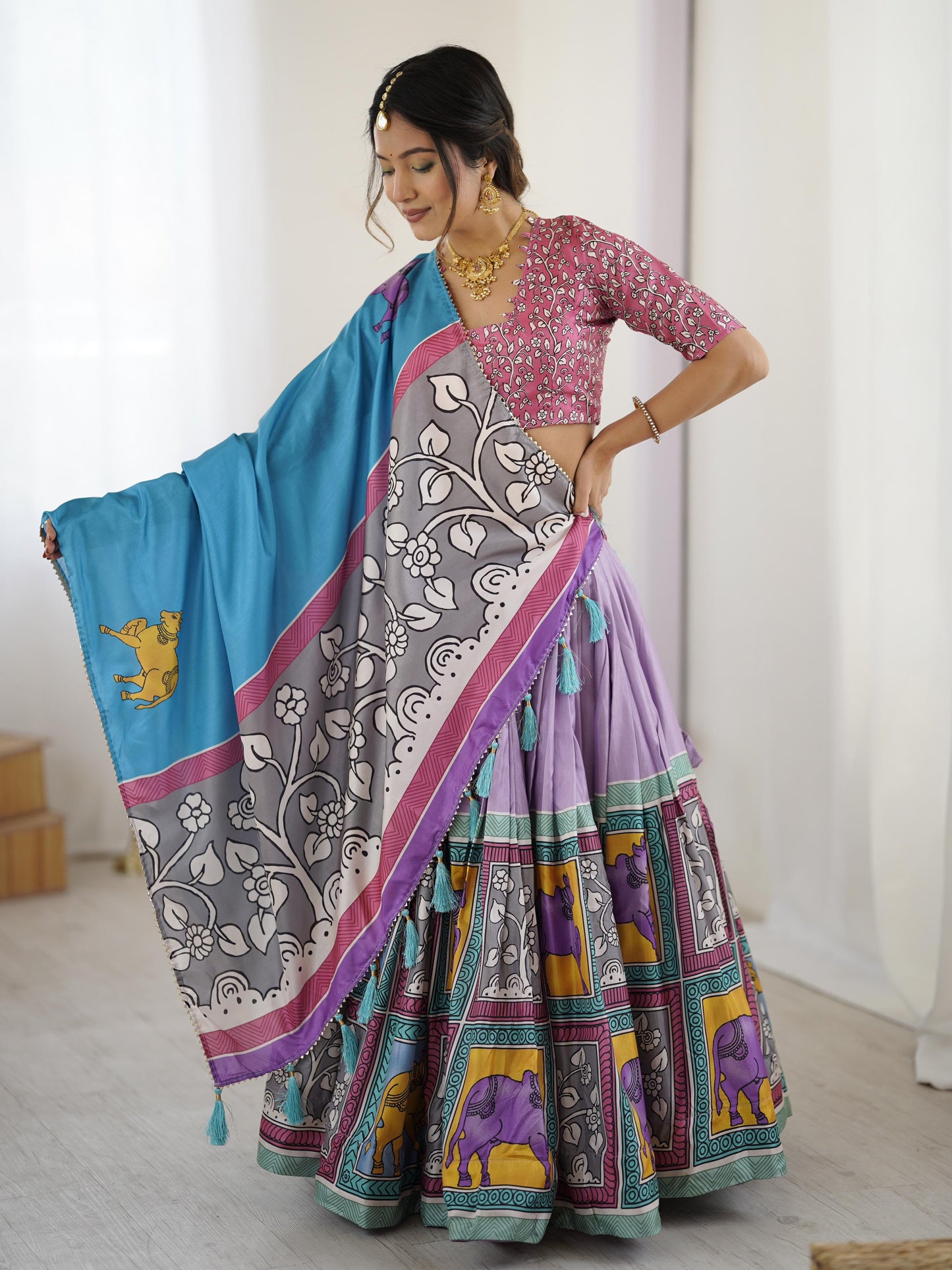 Premium Ethnic Purple Kalamkari Tussar Silk Lehenga Choli Set with Sky Blue Dupatta