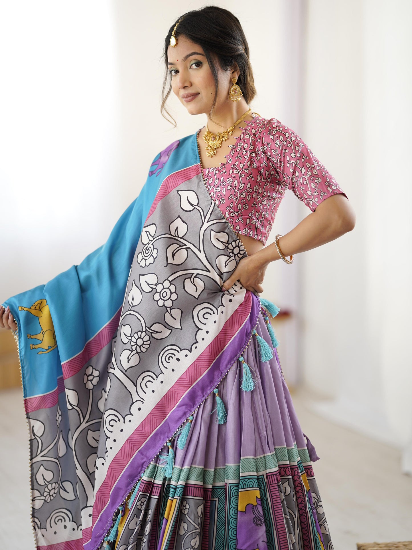 Premium Ethnic Purple Kalamkari Tussar Silk Lehenga Choli Set with Sky Blue Dupatta