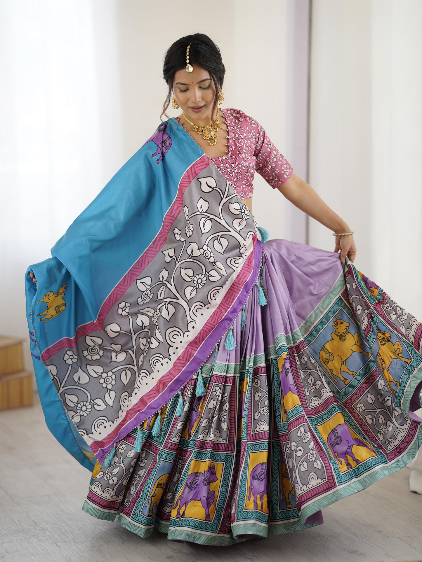 Premium Ethnic Purple Kalamkari Tussar Silk Lehenga Choli Set with Sky Blue Dupatta