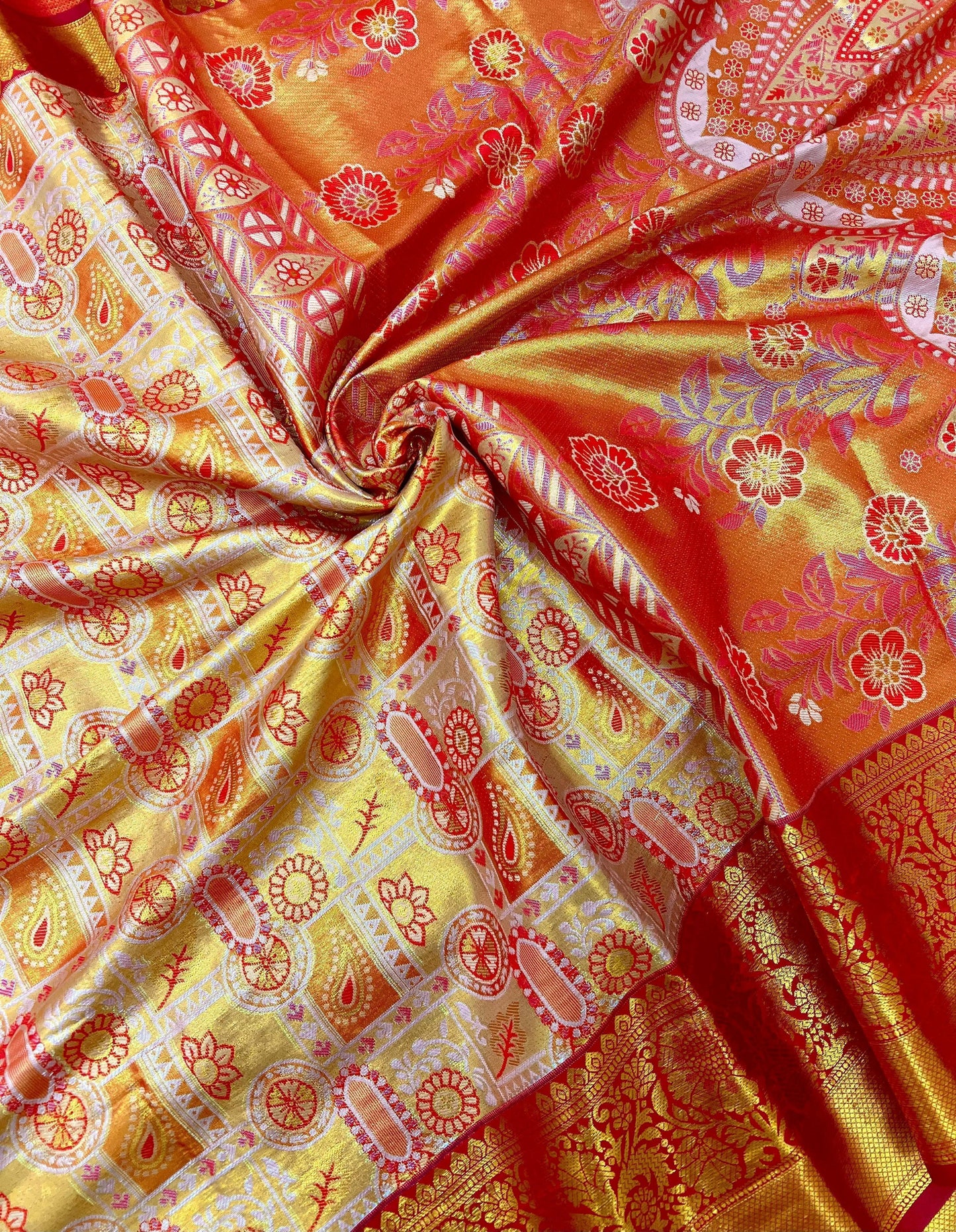 Fiery Red & Golden Yellow Kanjivaram Silk Saree with Brocade Blouse