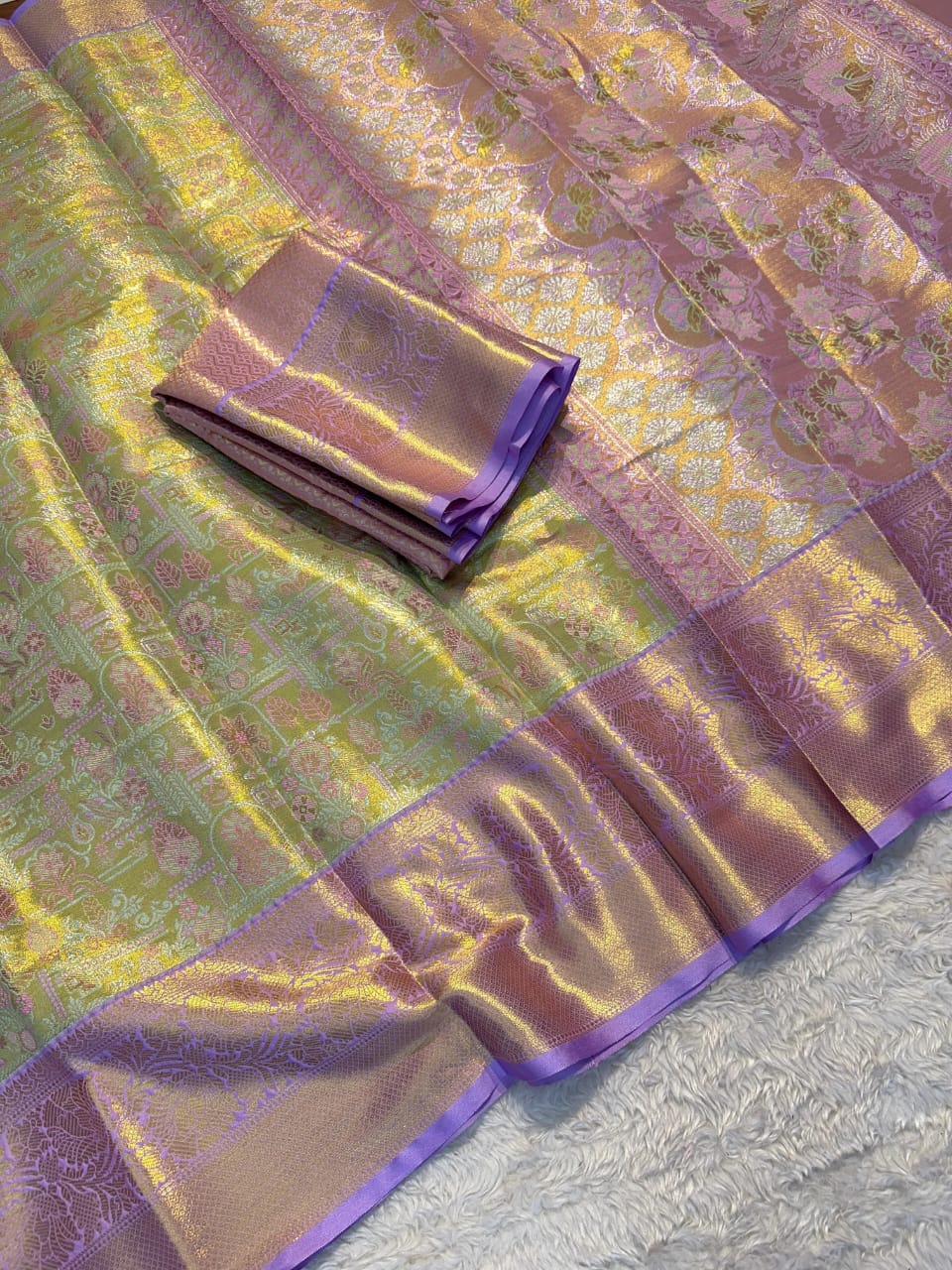 Pista Green Kanjivaram Silk Saree with Lavender Zari Border & Brocade Blouse