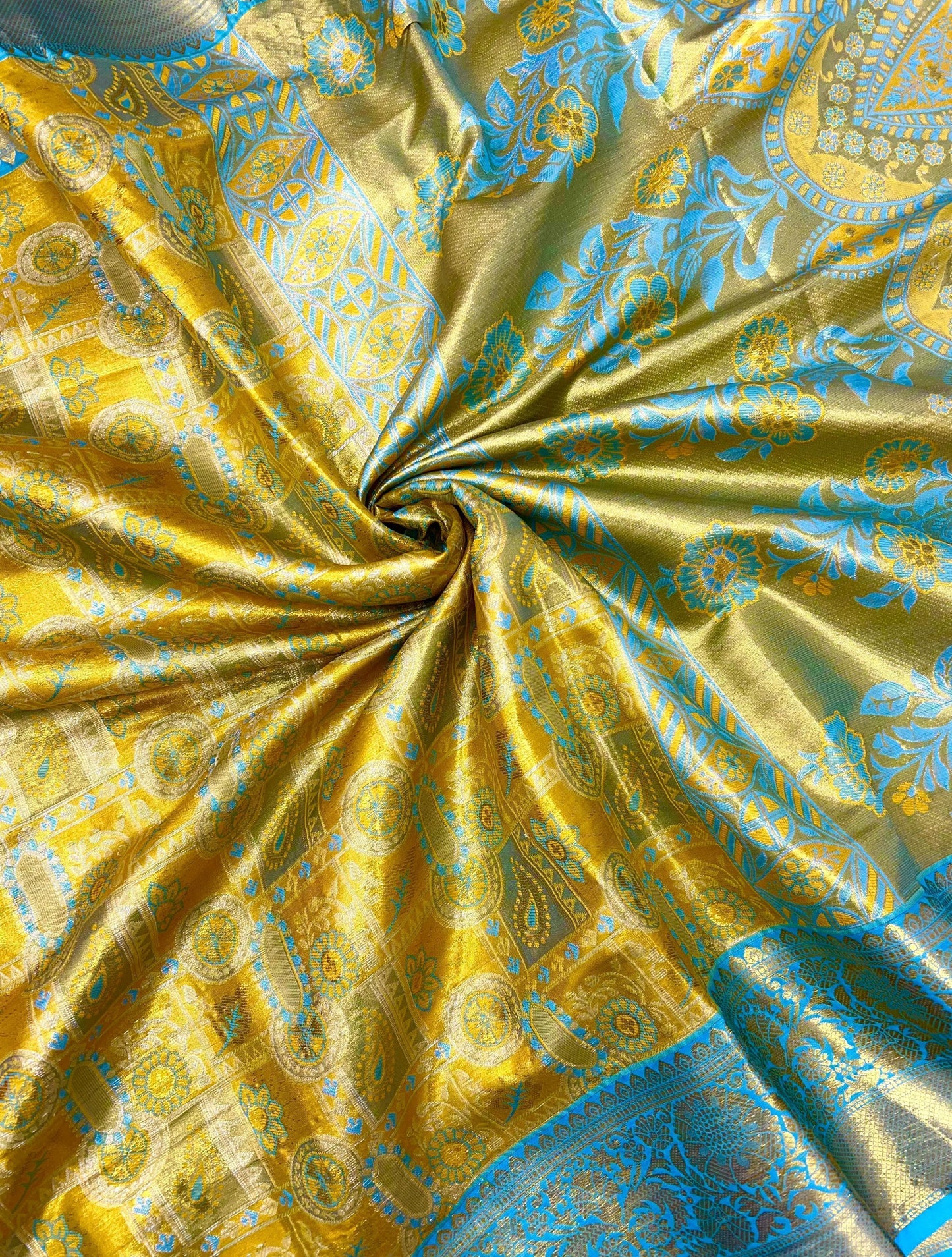 Rich Golden Yellow & Sky Blue Kanjivaram Silk Saree