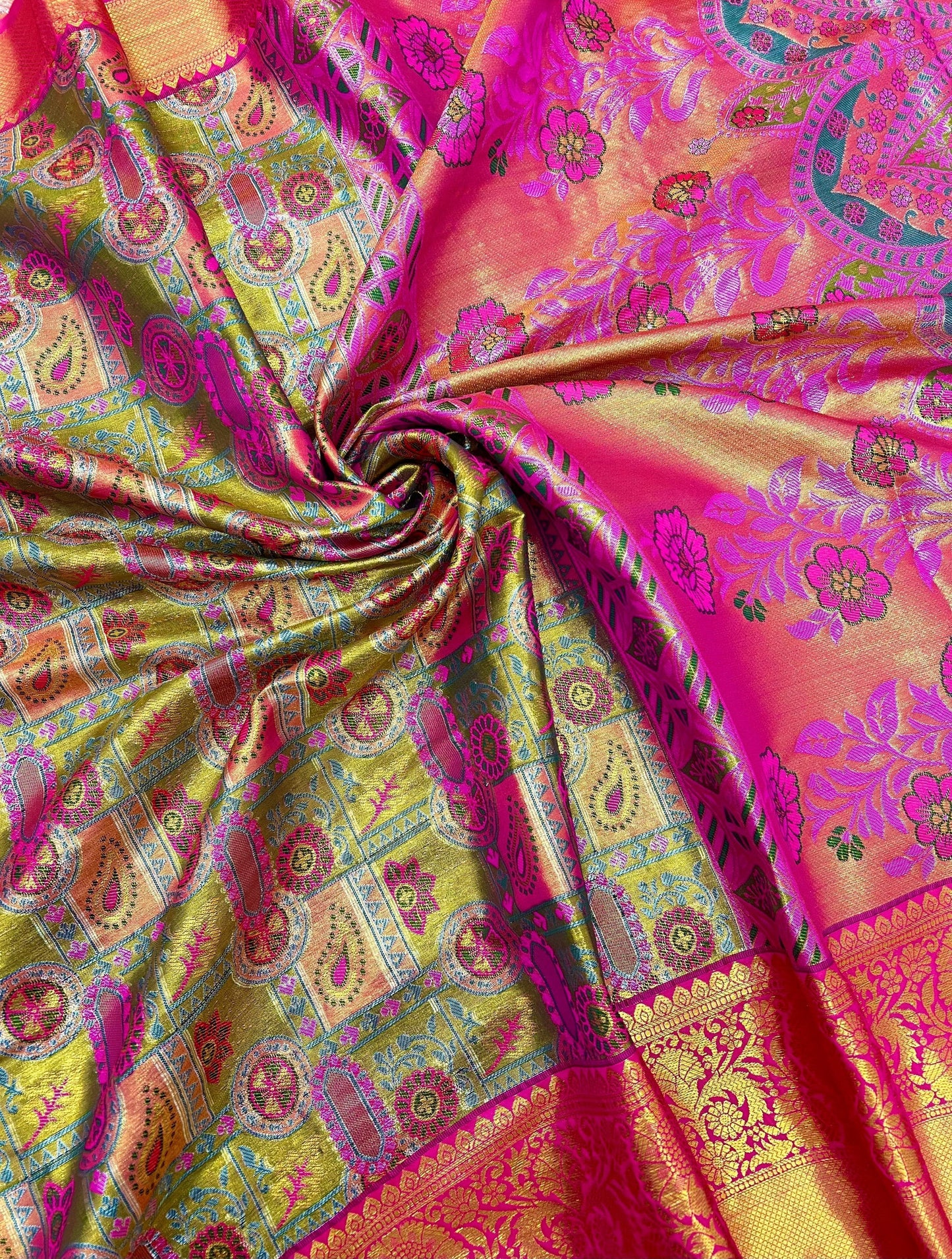 Hot Pink & Lime Green Kanjivaram Silk Saree with Brocade Blouse