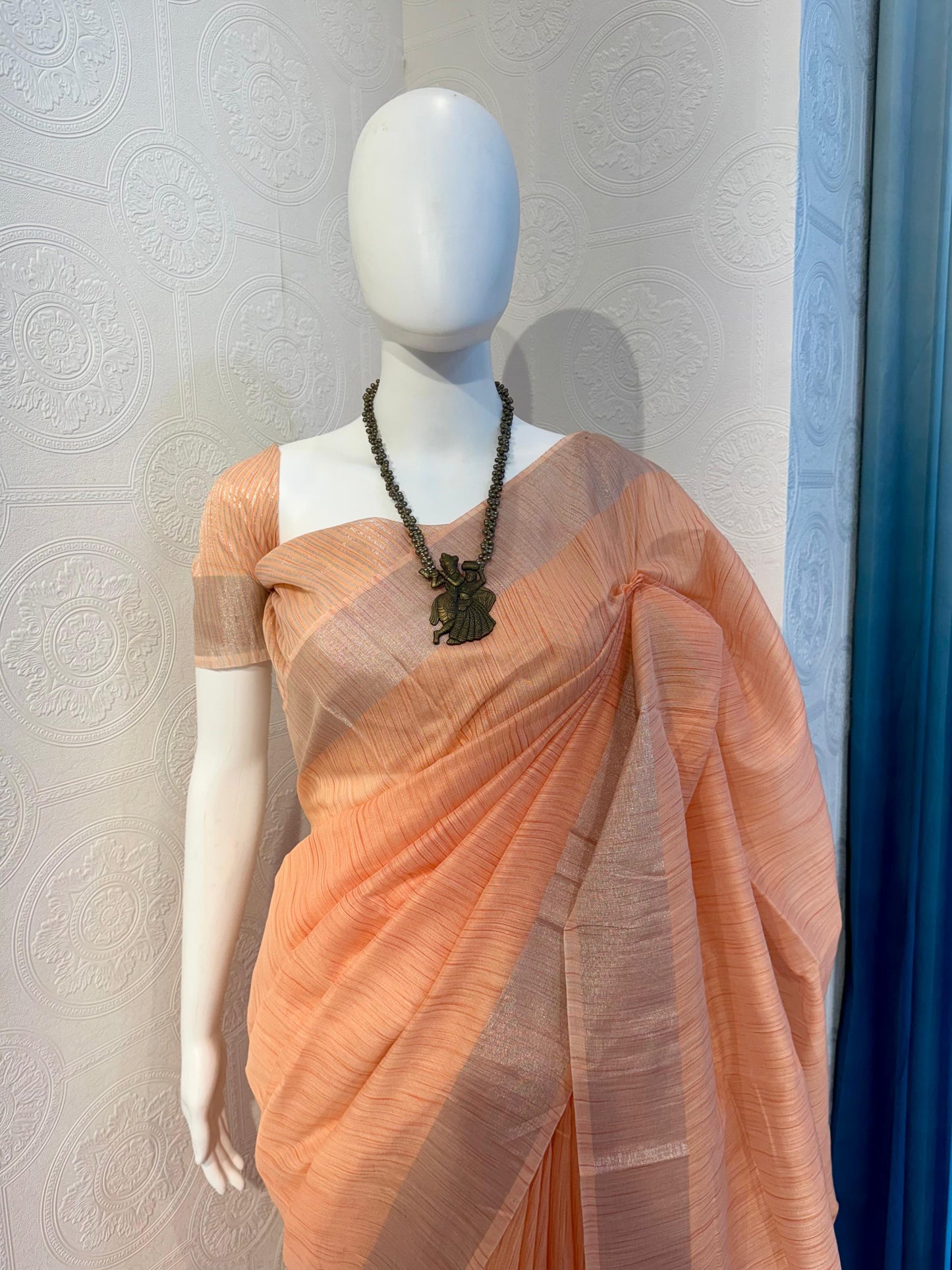 Pure Linen Cotton Saree with Silver Zari Border & Tassel Pallu – Soft & Elegant Drape