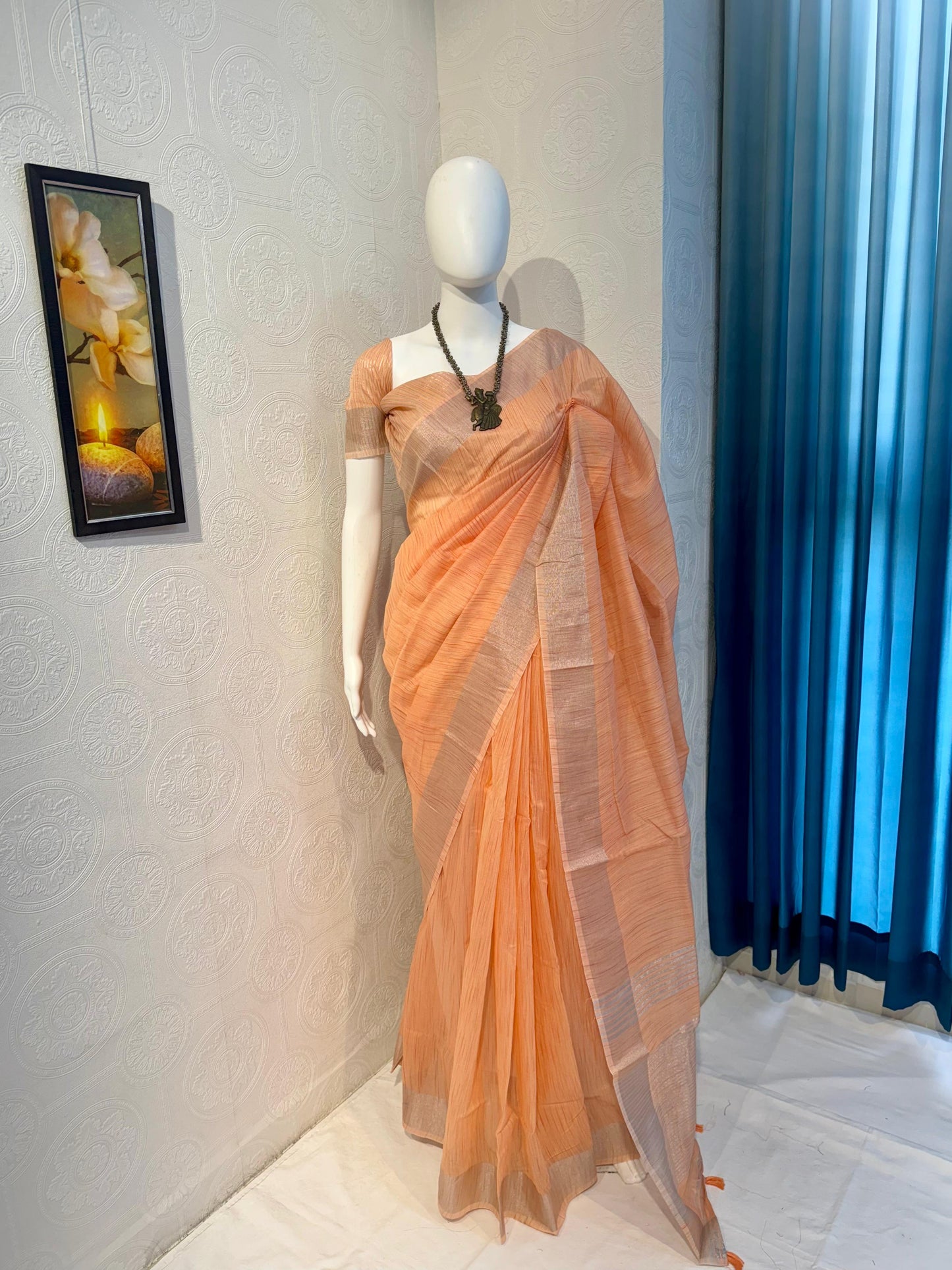 Pure Linen Cotton Saree with Silver Zari Border & Tassel Pallu – Soft & Elegant Drape