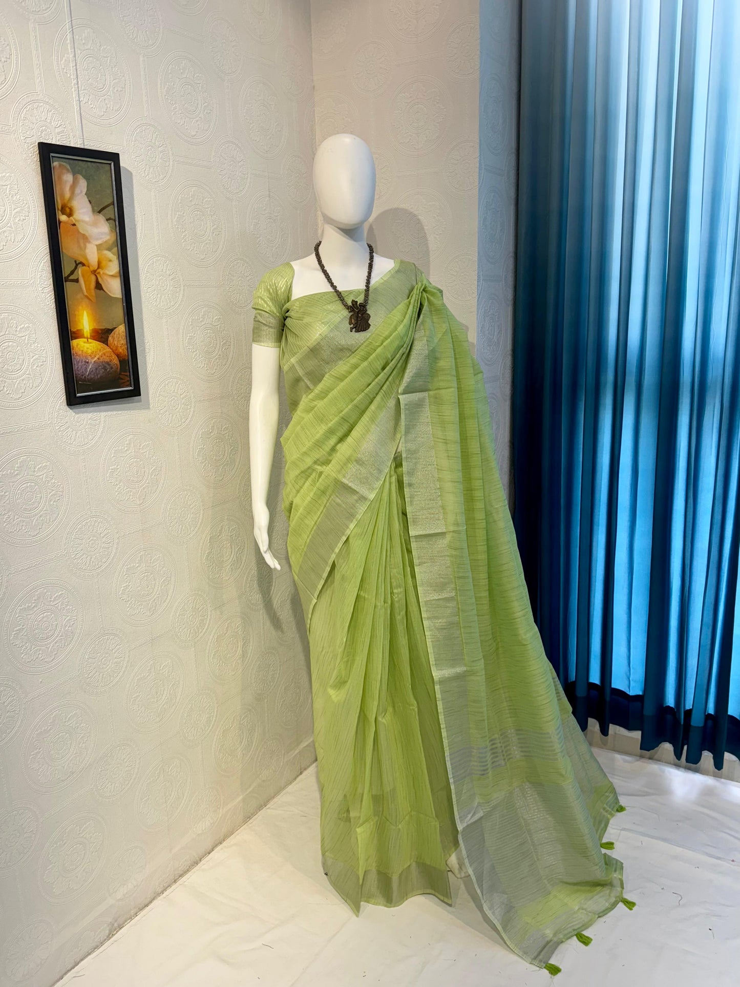 Pure Linen Cotton Saree with Silver Zari Border & Tassel Pallu – Soft & Elegant Drape