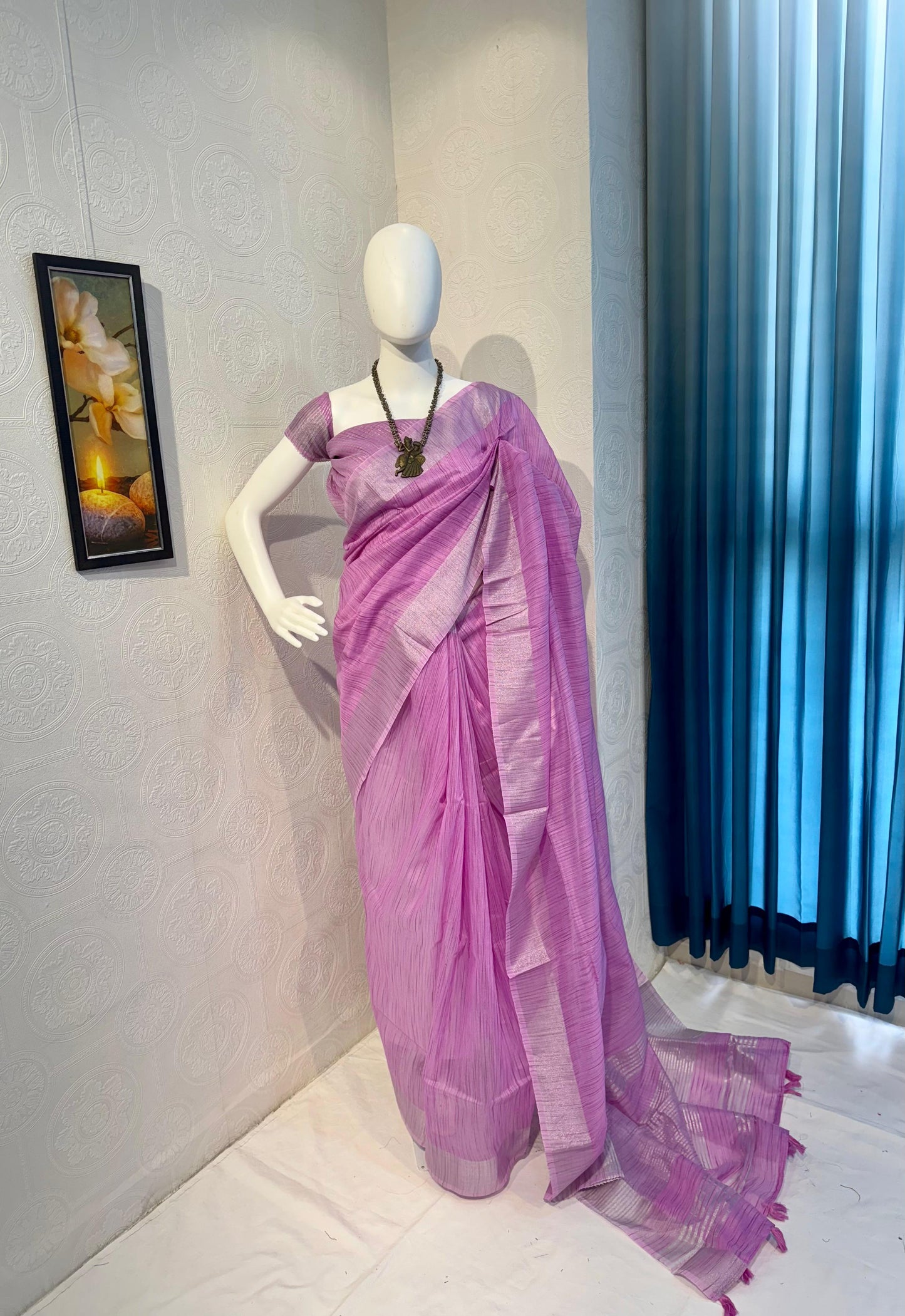 Pure Linen Cotton Saree with Silver Zari Border & Tassel Pallu-purple