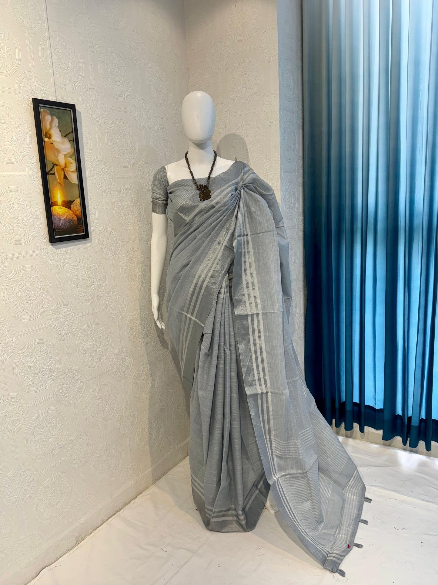 Pure Linen Cotton Saree with Silver Zari Border & Tassel Pallu – Soft & Elegant Drape