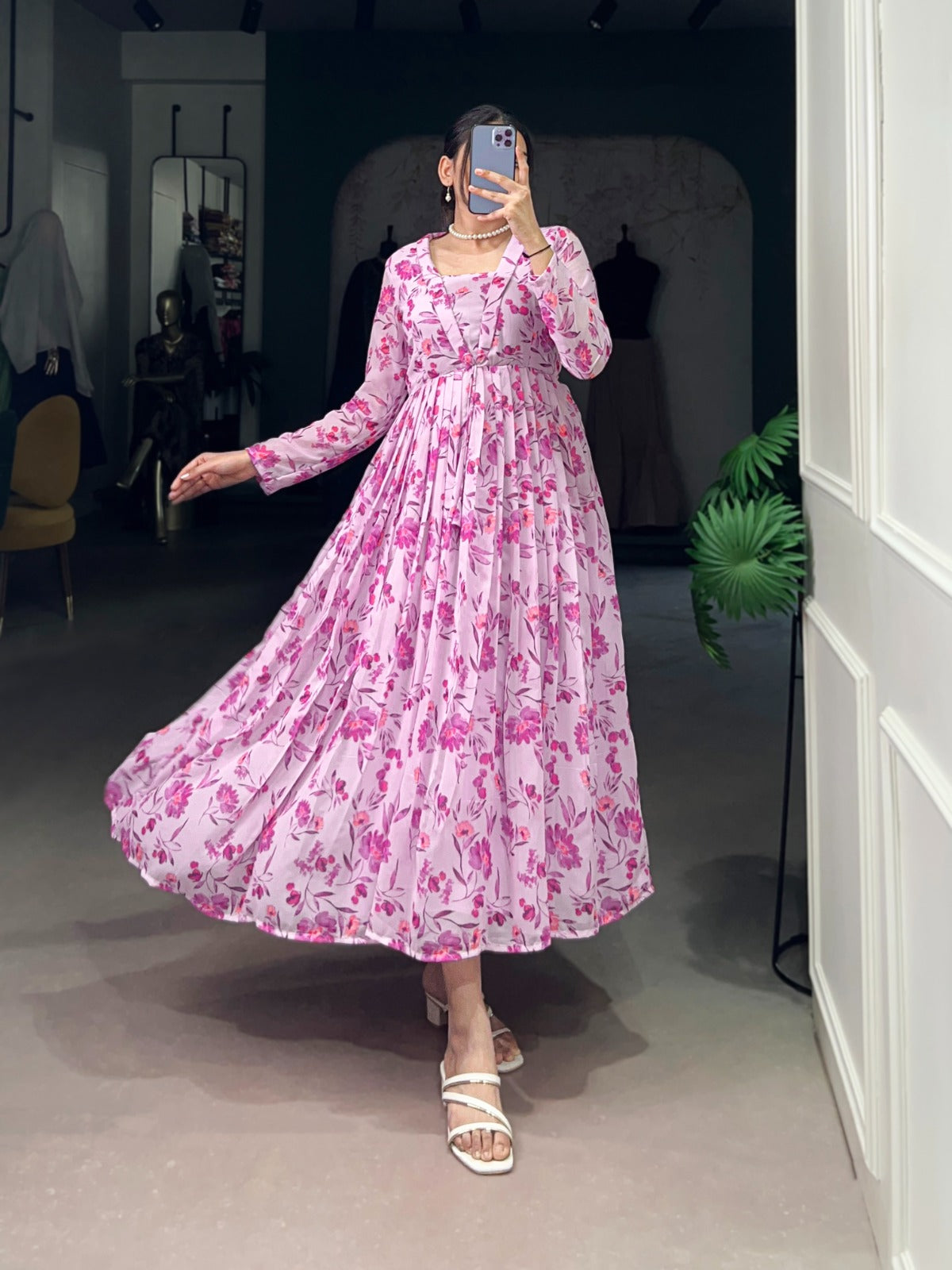 Stylish Floral Pink Georgette Frock Dress