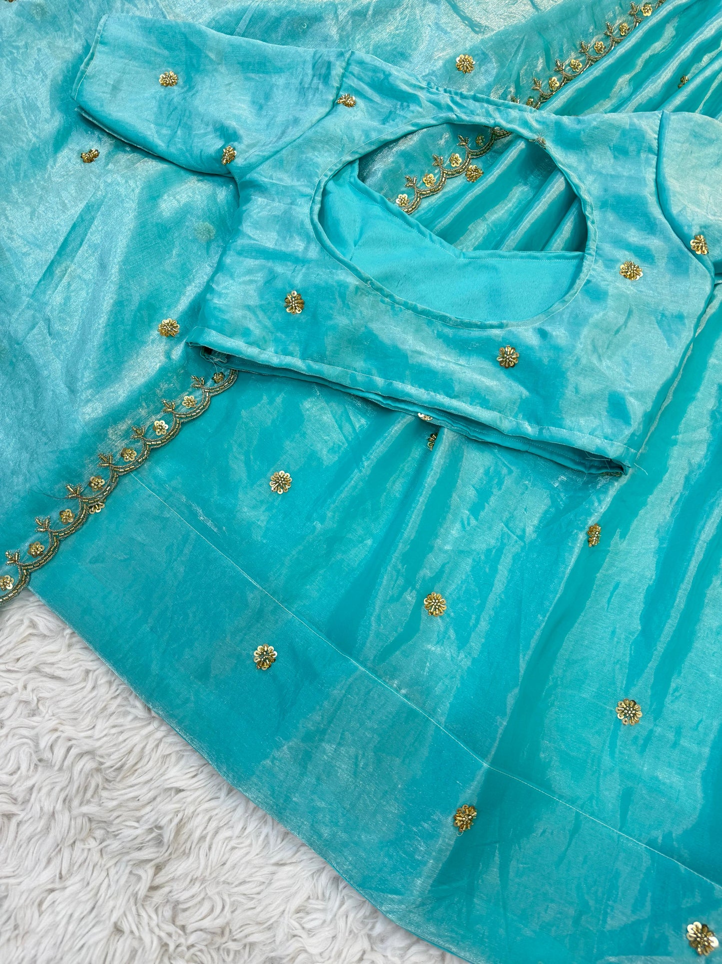 Elegant Festive & Wedding Wear Sky Blue Space Silk Half Saree with Handwork Cutdana & Zari Border