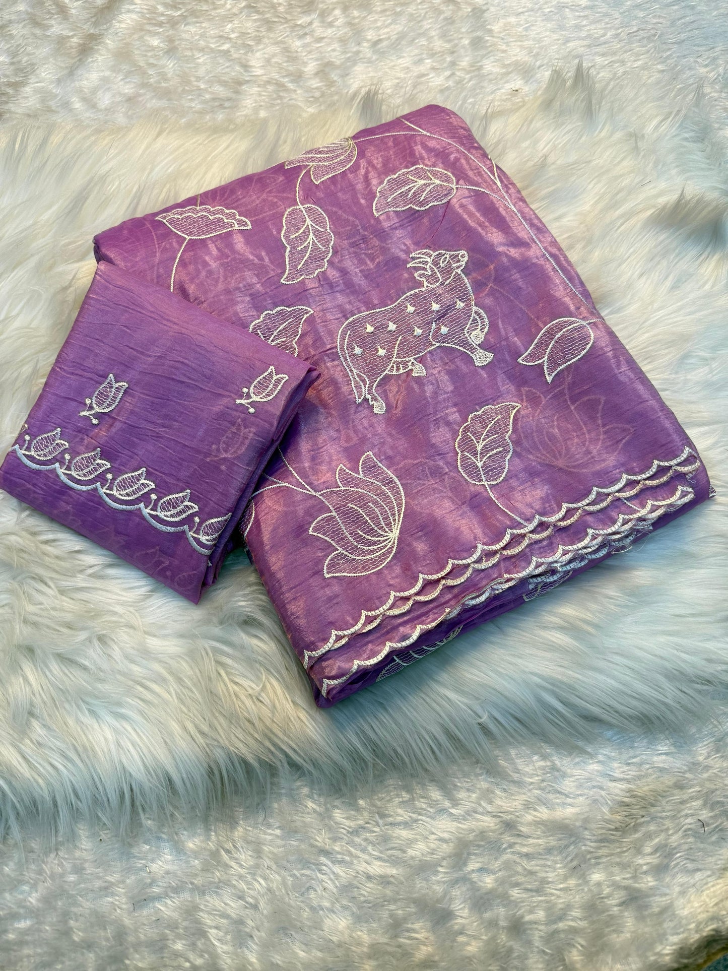 Premium Lavender Soft Crunchy Designer Partywear Saree with Multi Embroidery Blouse