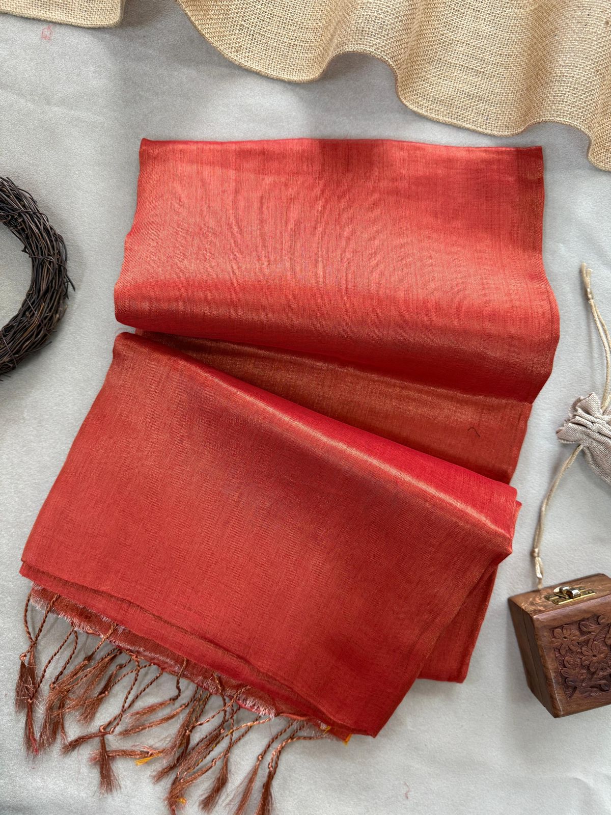 Tissue Cotton Saree with Tassels & Running Blouse – Orange Color