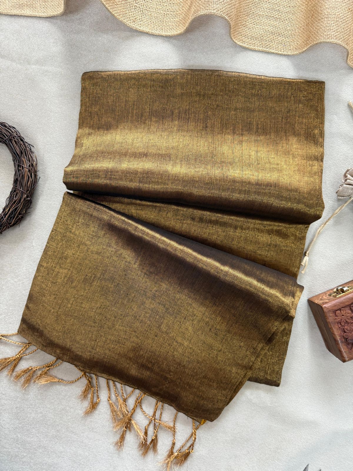 Tissue Cotton Saree with Tassels & Running Blouse – Antique Gold Color