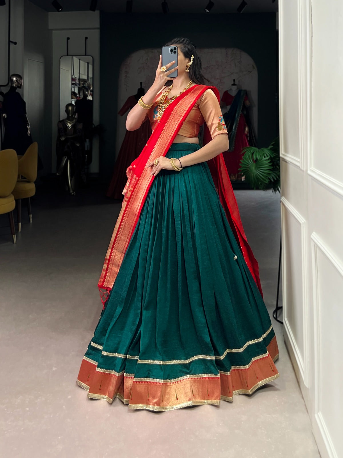 Festive Ethnic Wear Green Vichitra Silk Paithani Lehenga with Zari Weaving & Dupatta