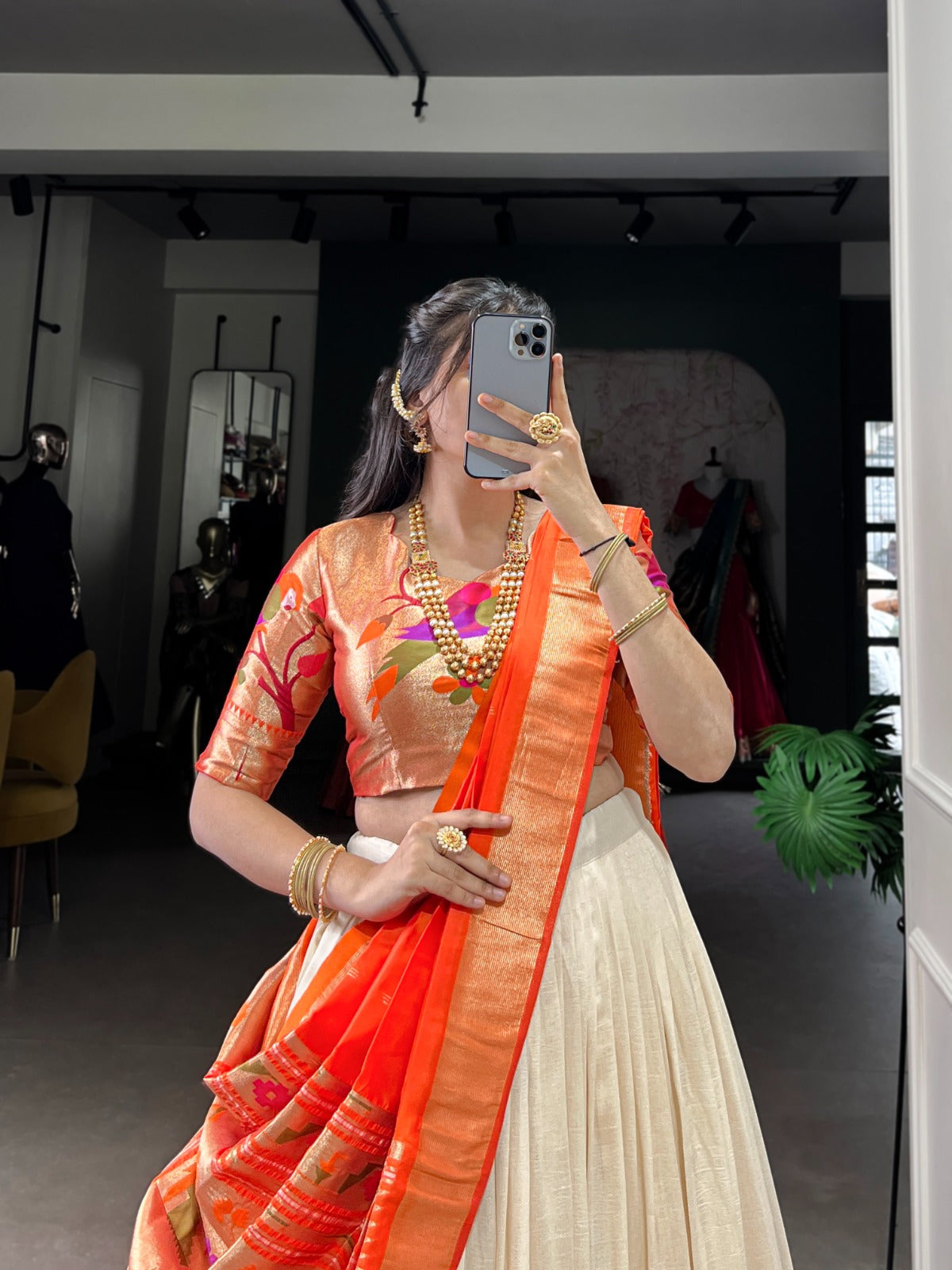 Traditional Festive Wear White Vichitra Silk Paithani Lehenga with Zari Weaving & Dupatta