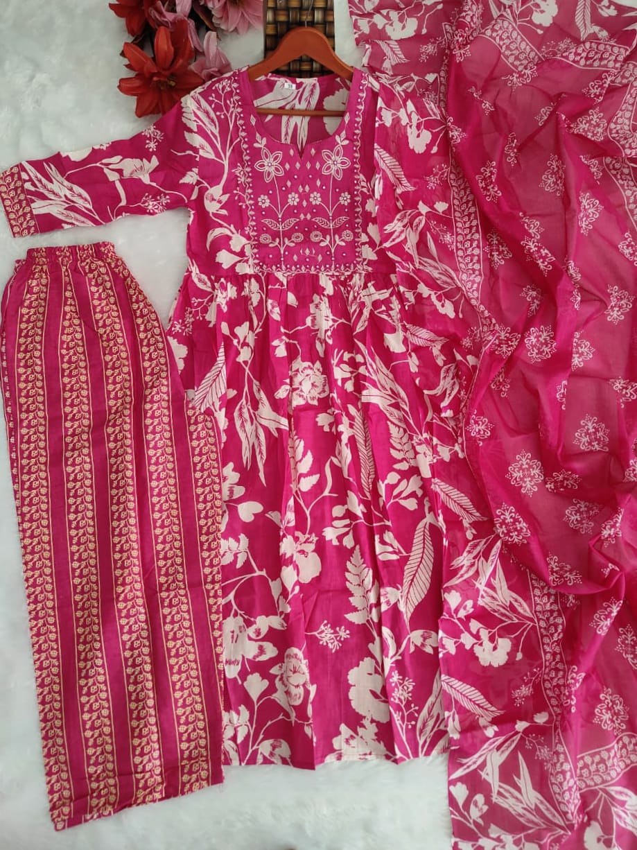Premium Cotton Anarkali Kurti Set with Mirror & Embroidery Work -Pink