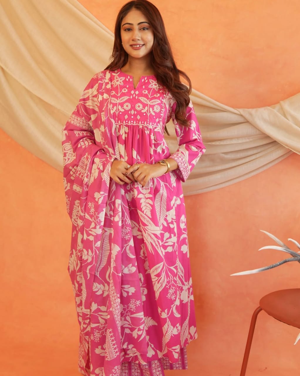 Premium Cotton Anarkali Kurti Set with Mirror & Embroidery Work -Pink