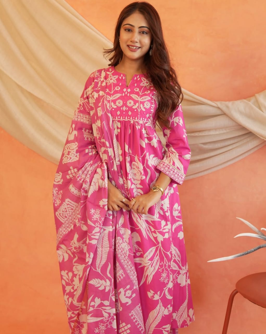 Premium Cotton Anarkali Kurti Set with Mirror & Embroidery Work -Pink
