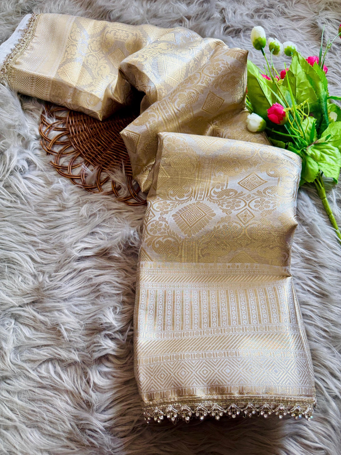 Nayanthara -inspired Banarasi Silk Saree -Antique Zari, Designer Jharkhan, Rich Pallu &Brocade Blouse