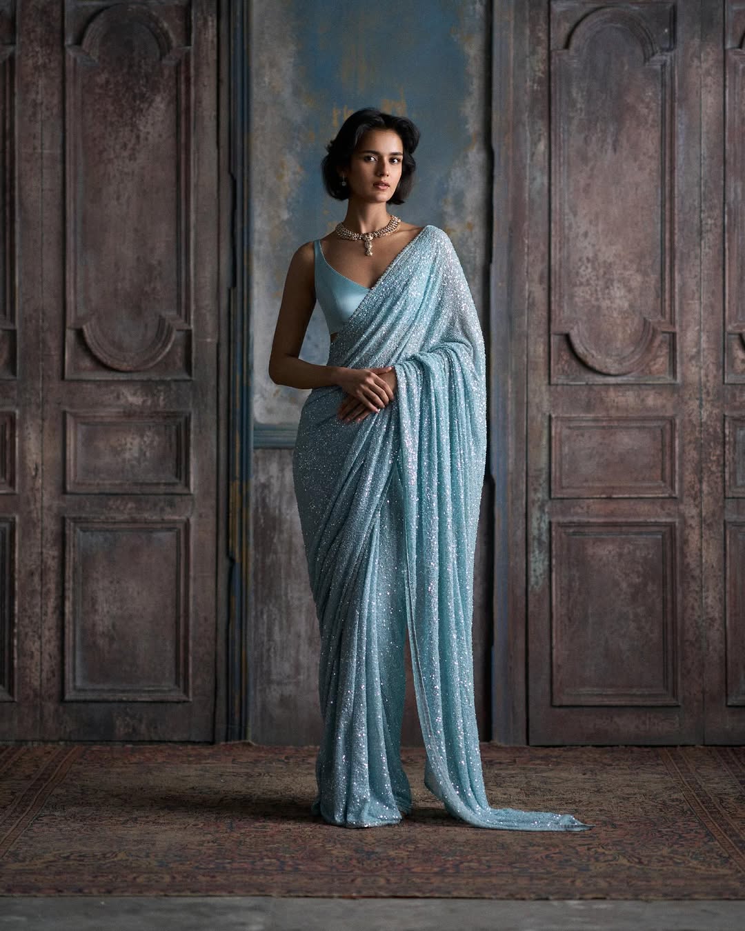 Bollywood Designer Faux Georgette Saree with Heavy Sequins Embroidery –Blue