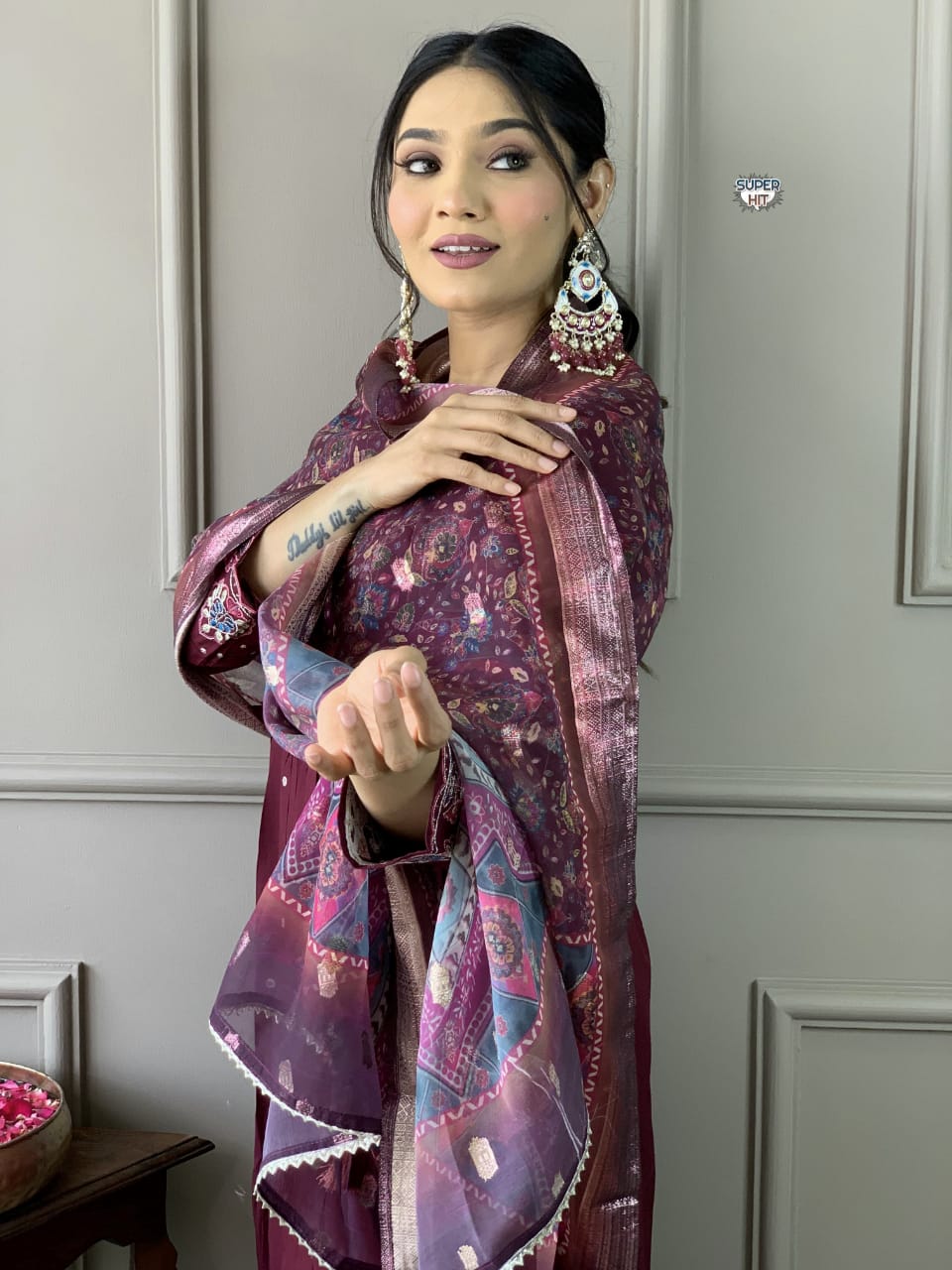 Premium Maroon Chanderi Women Kurti Set with Embroidered Work & Jacquard Dupatta