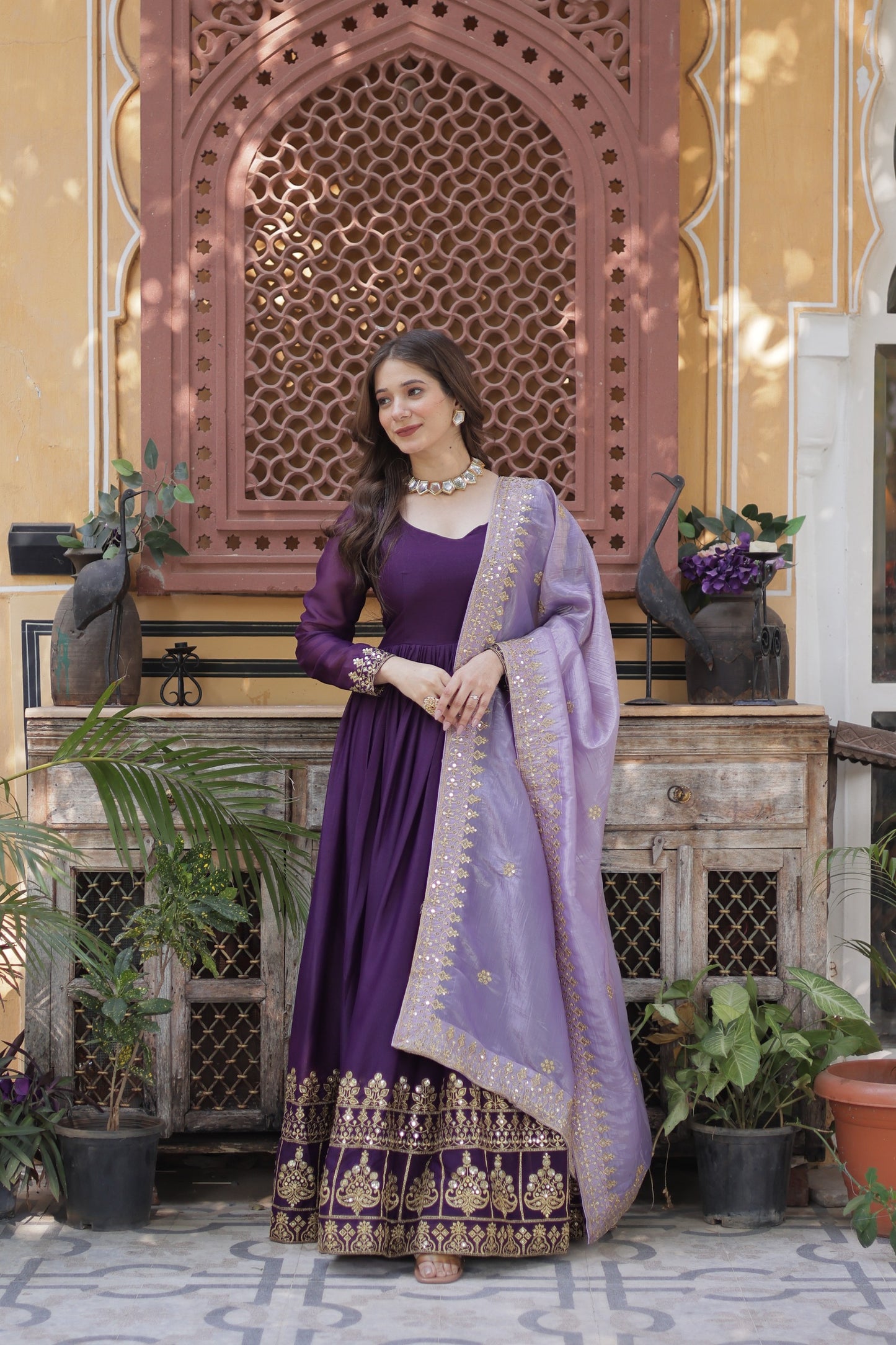 Full Sleeves Ethnic Premium Violet Designer Gown with Lavender Dupatta