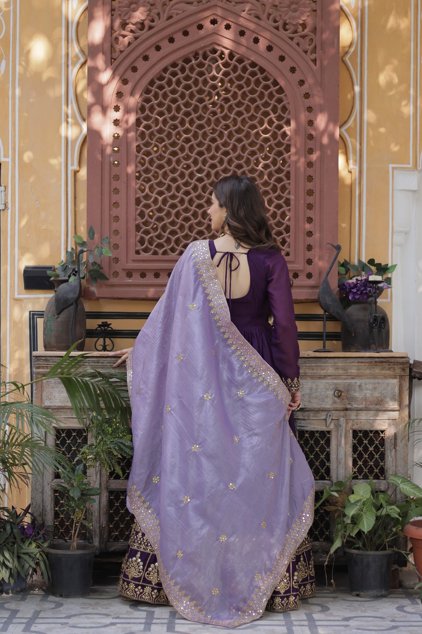 Full Sleeves Ethnic Premium Violet Designer Gown with Lavender Dupatta