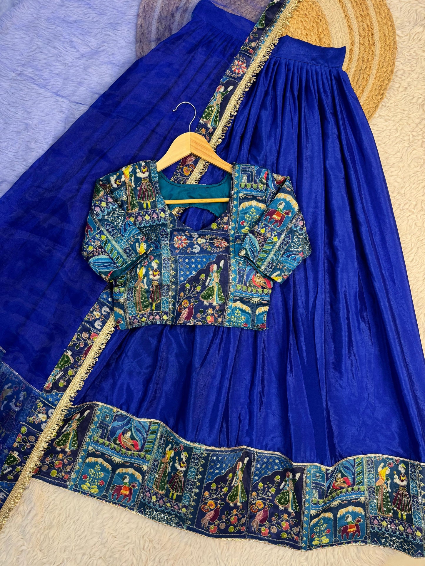 Chinon Silk Embroidered Lehenga with Organza Dupatta – Blue