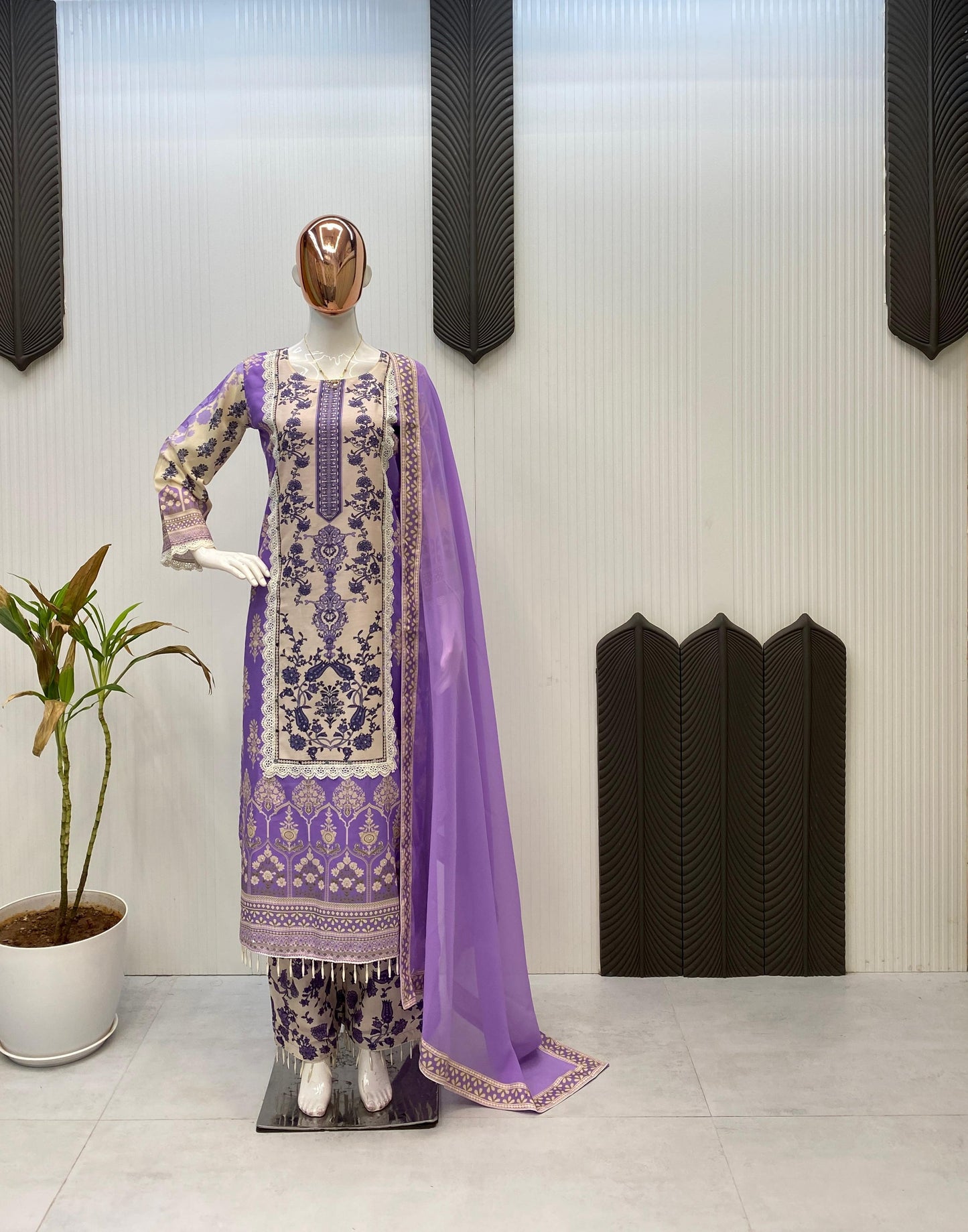 Designer Maslin Kurta Set with Real Mirror & Latkan Lace – White Lavender Elegance