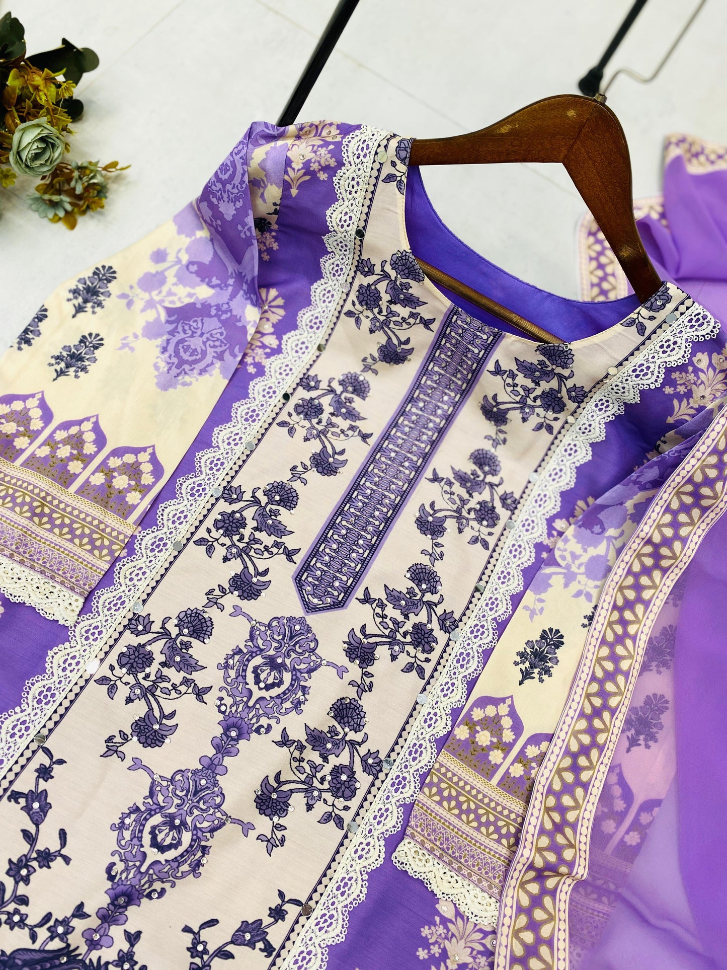 Designer Maslin Kurta Set with Real Mirror & Latkan Lace – White Lavender Elegance