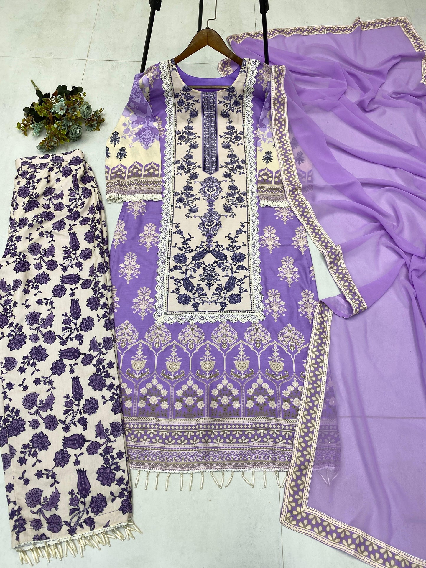 Designer Maslin Kurta Set with Real Mirror & Latkan Lace – White Lavender Elegance