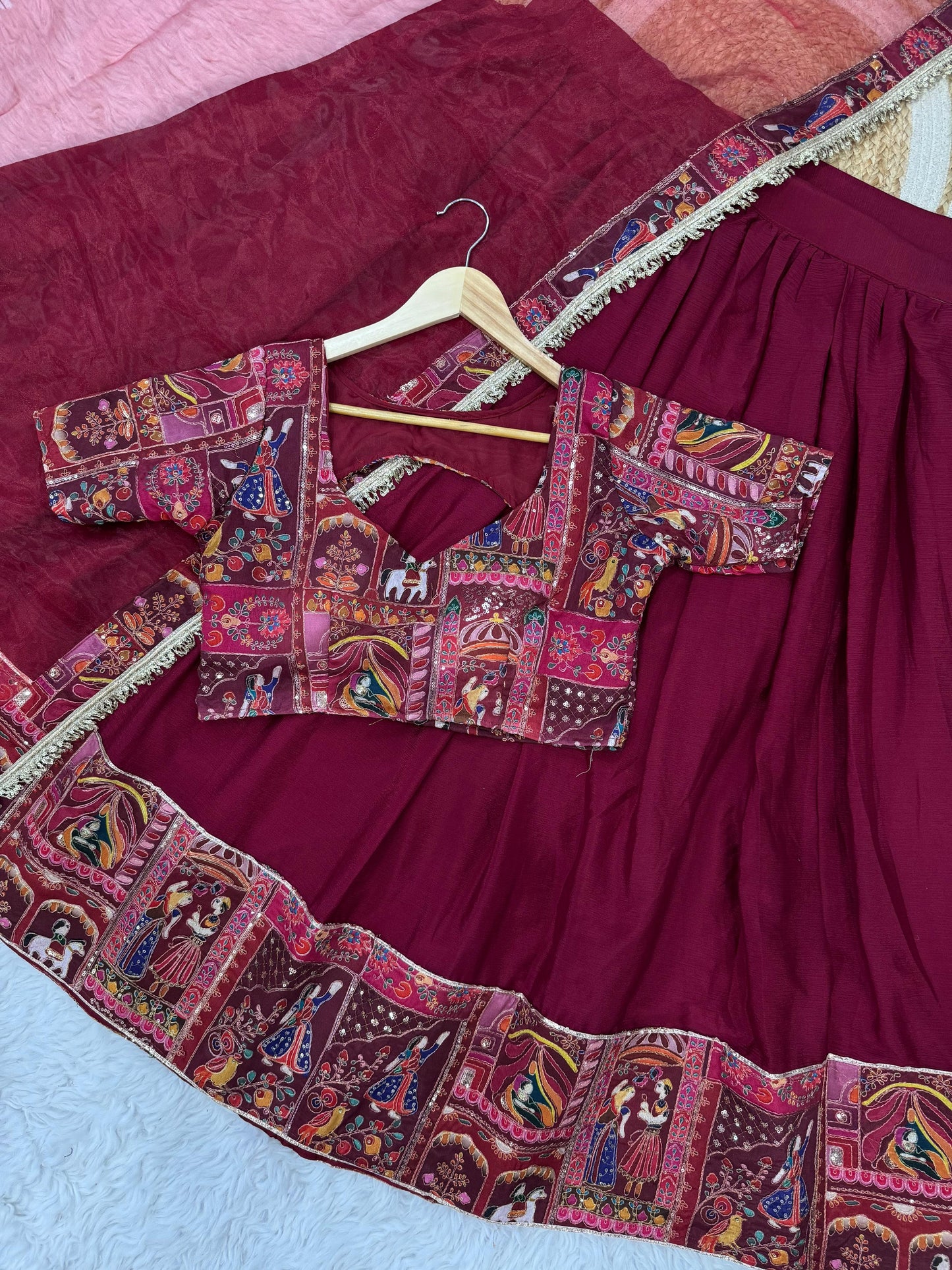 Chinon Silk Designer Lehenga with Raja Rani Embroidery - Red