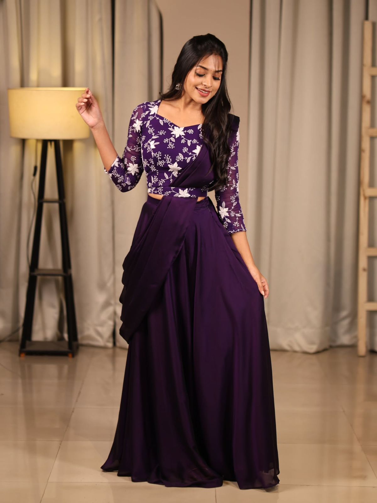 Violet Designer Embroidered Lehenga Choli Set with Stitched Blouse & Dupatta